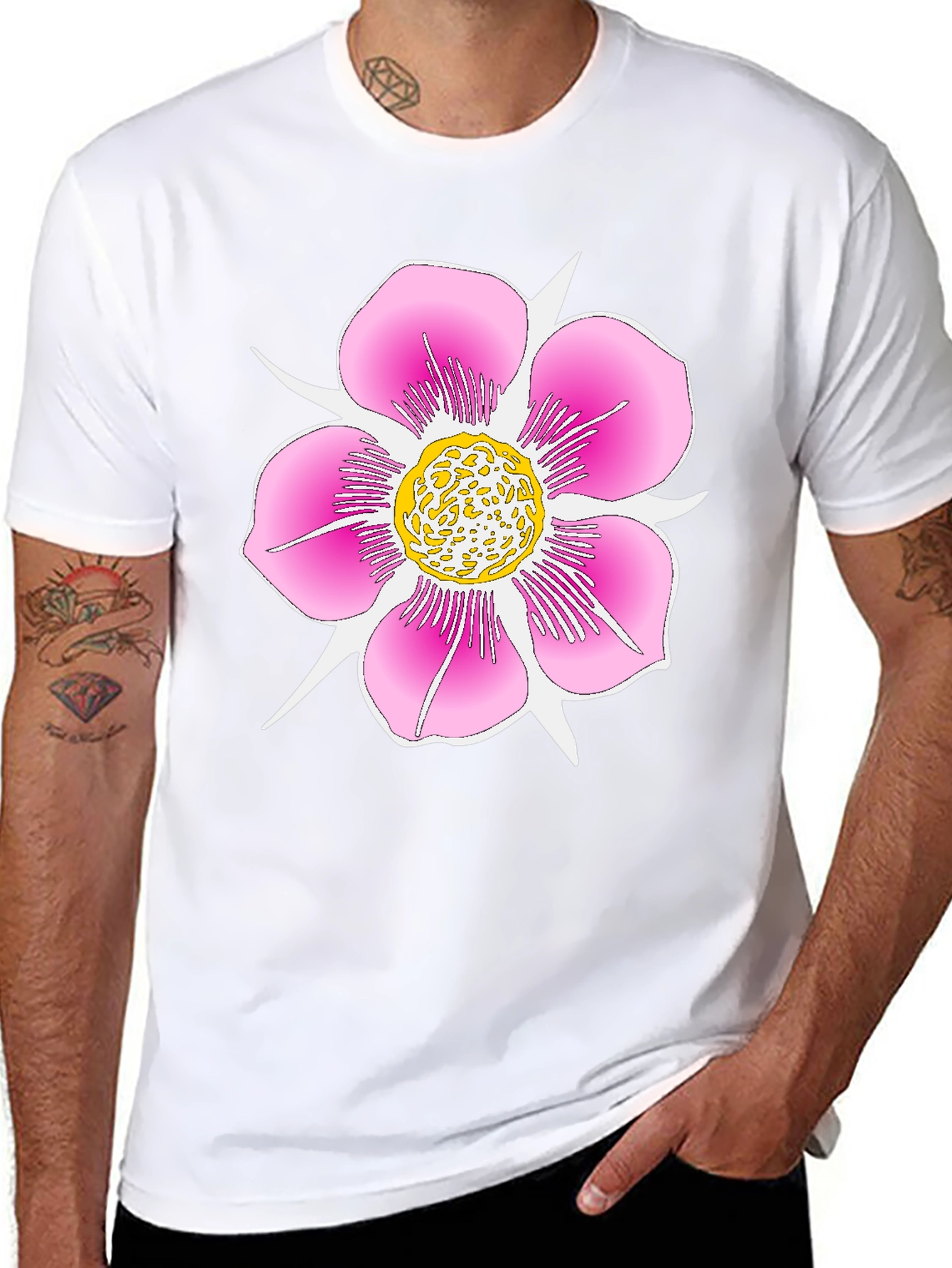 Black T-Shirt with Pink Flower Graphic