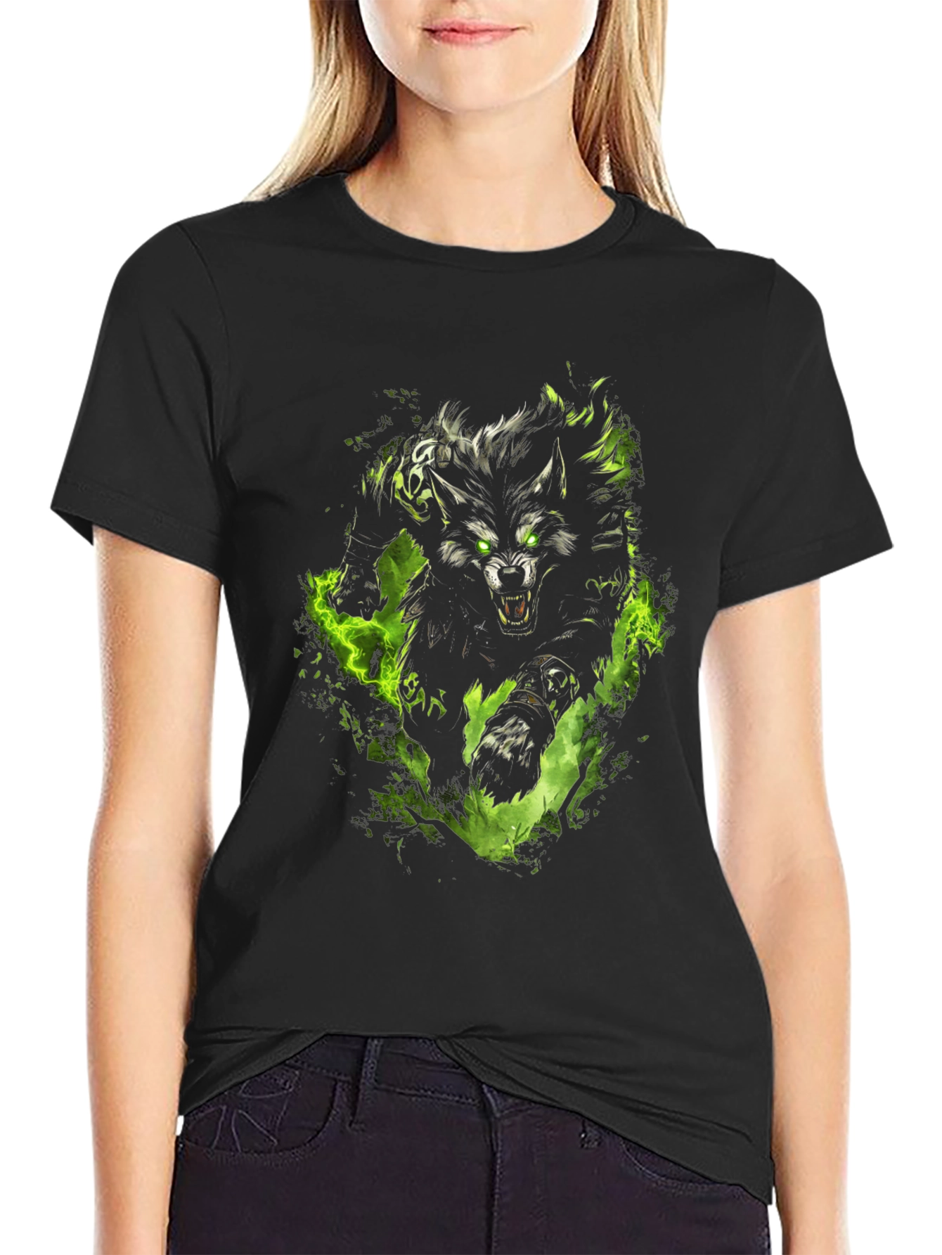 Mens Black T-Shirt with Wolf Graphic Print