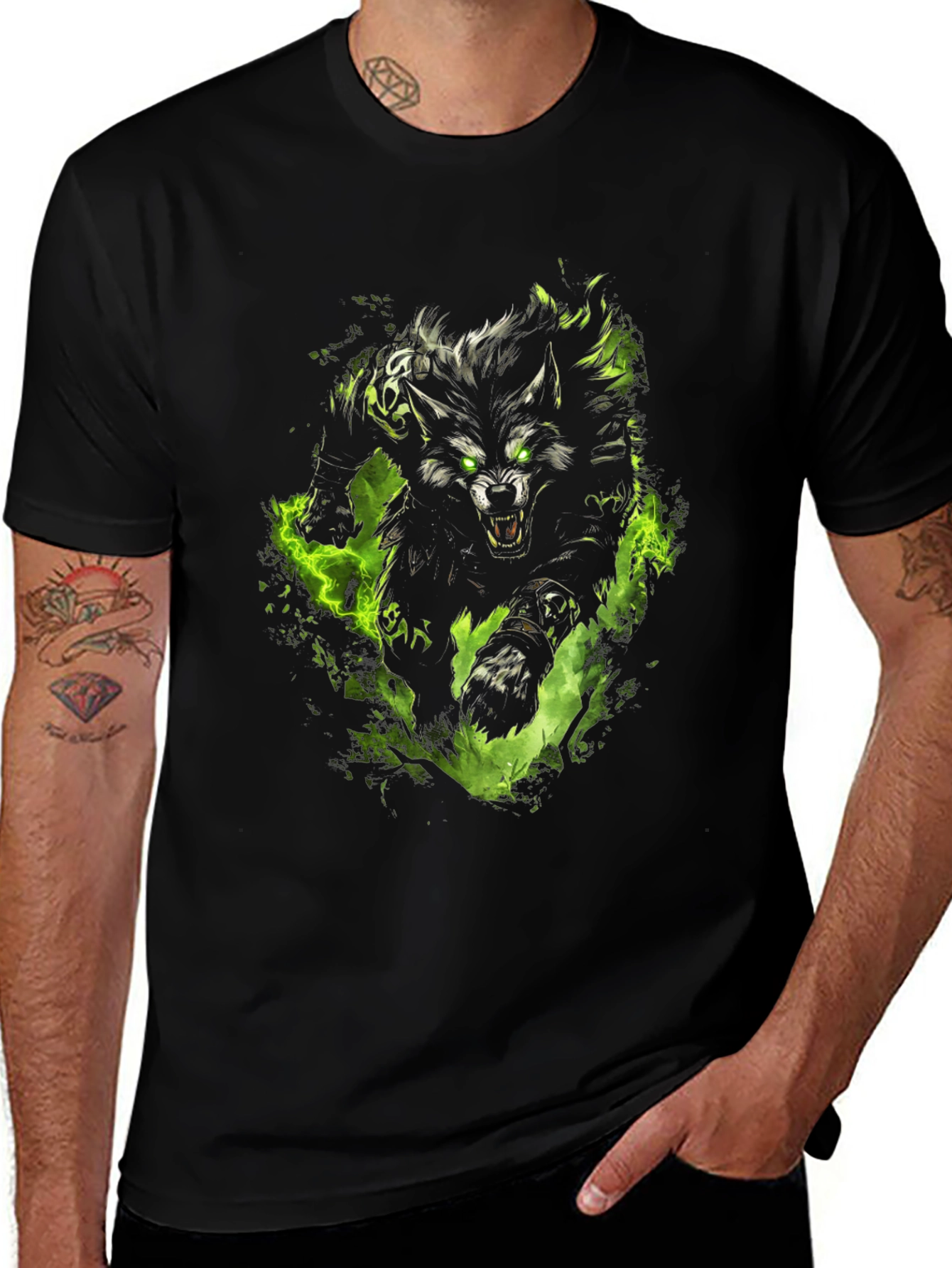 Mens Black T-Shirt with Wolf Graphic Print