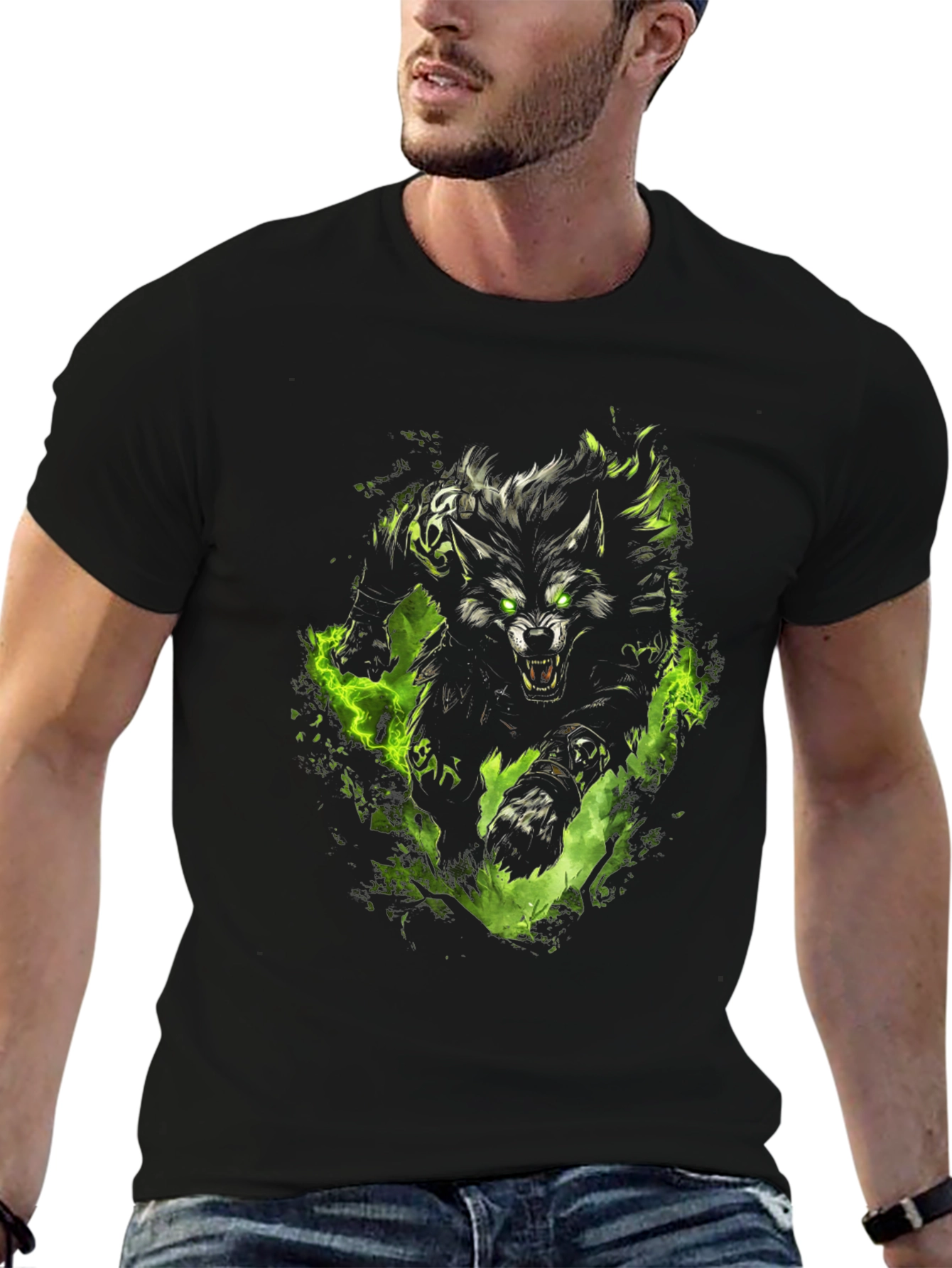 Mens Black T-Shirt with Wolf Graphic Print