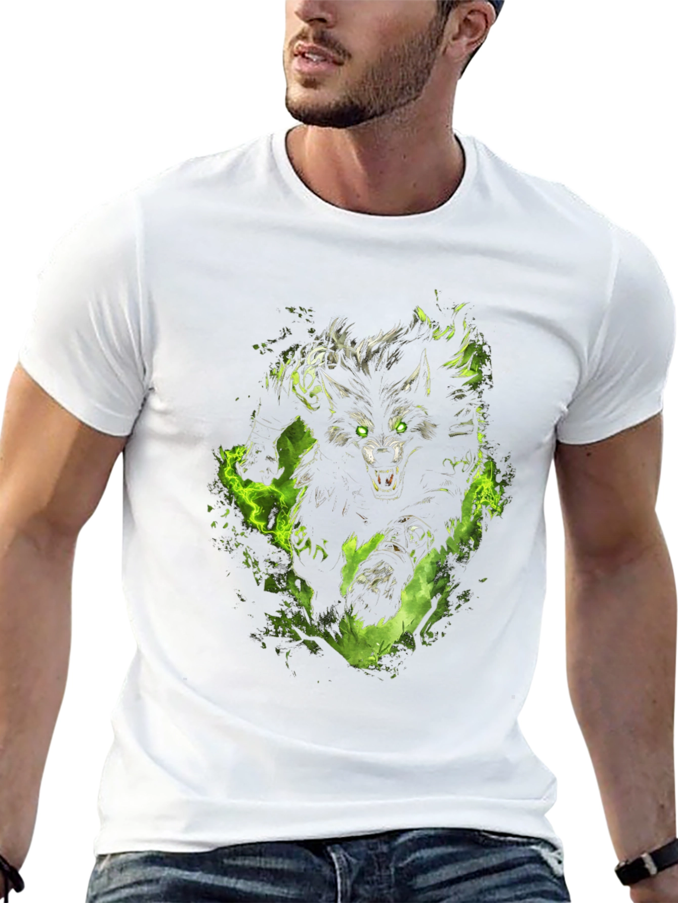 Mens Black T-Shirt with Wolf Graphic Print