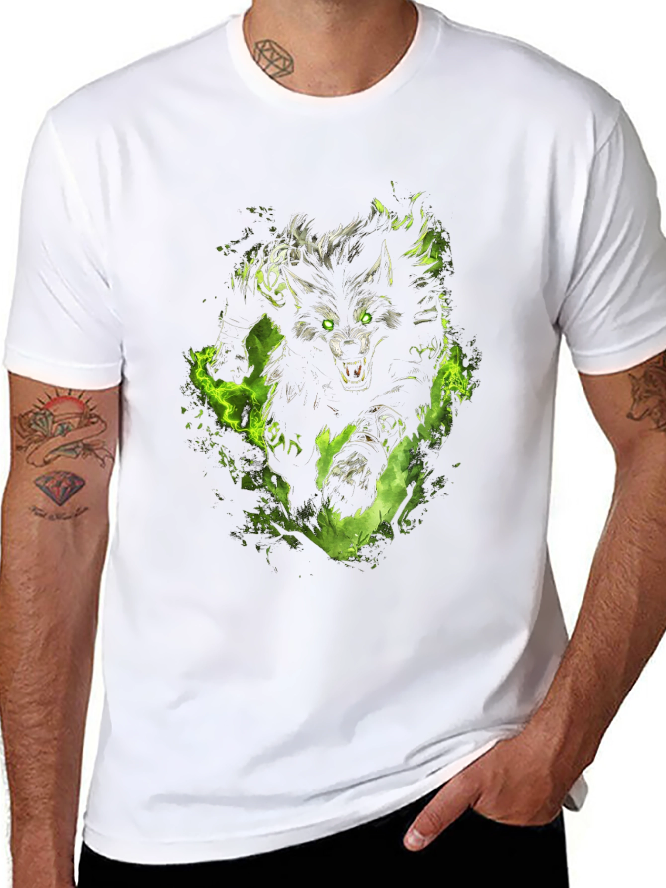 Mens Black T-Shirt with Wolf Graphic Print