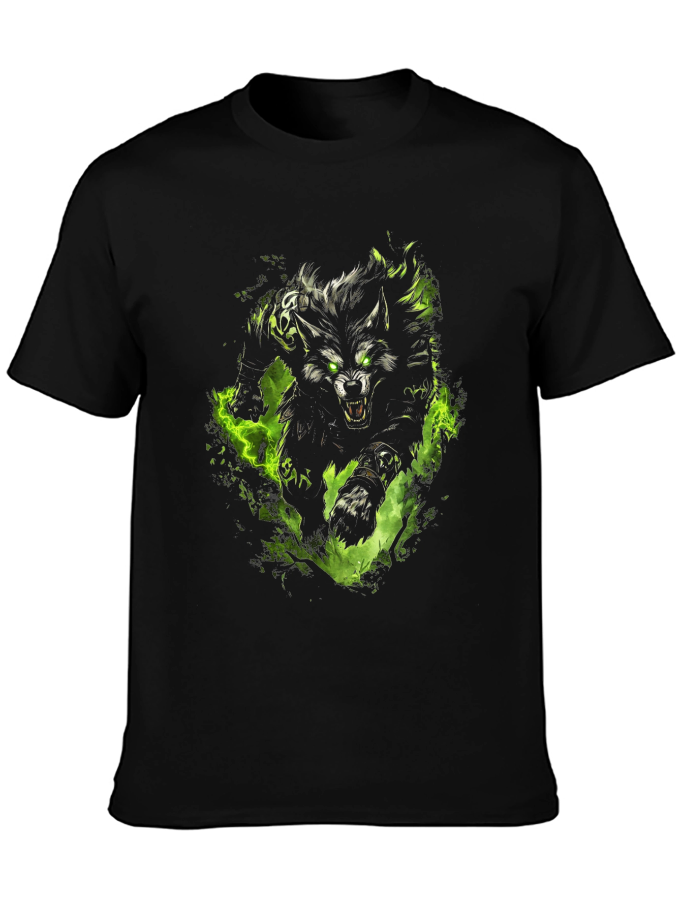Mens Black T-Shirt with Wolf Graphic Print
