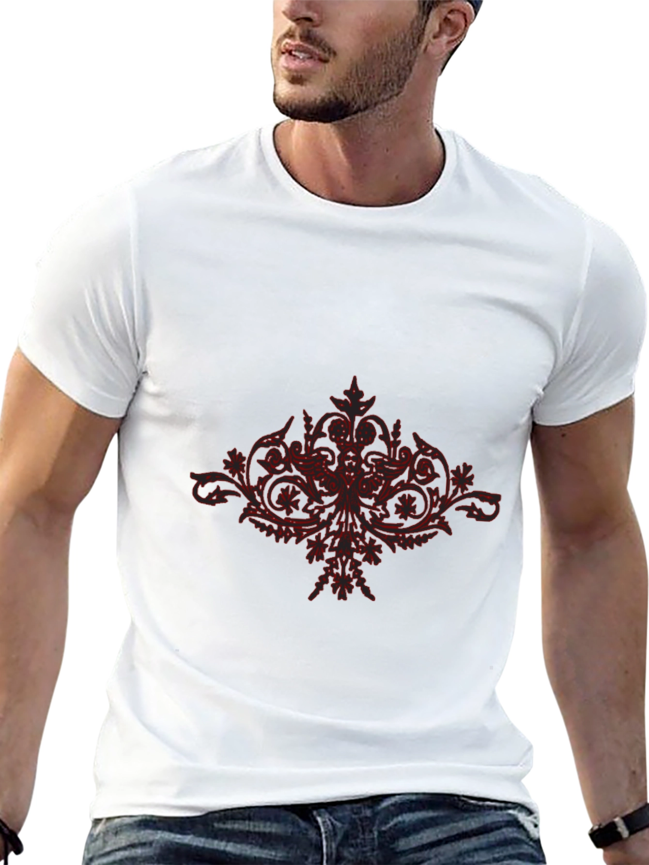 Black T-Shirt with Red Floral Design