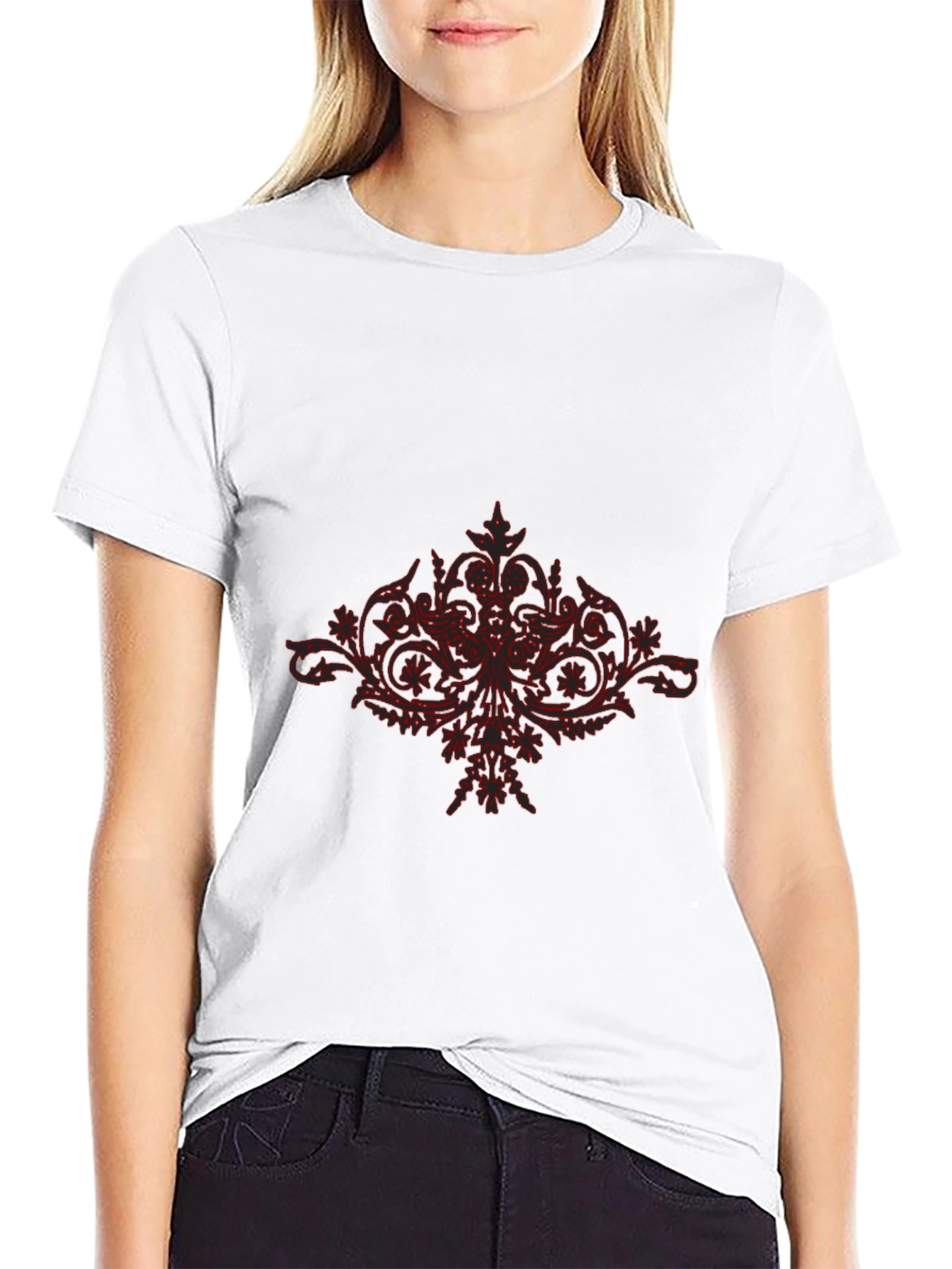 Black T-Shirt with Red Floral Design