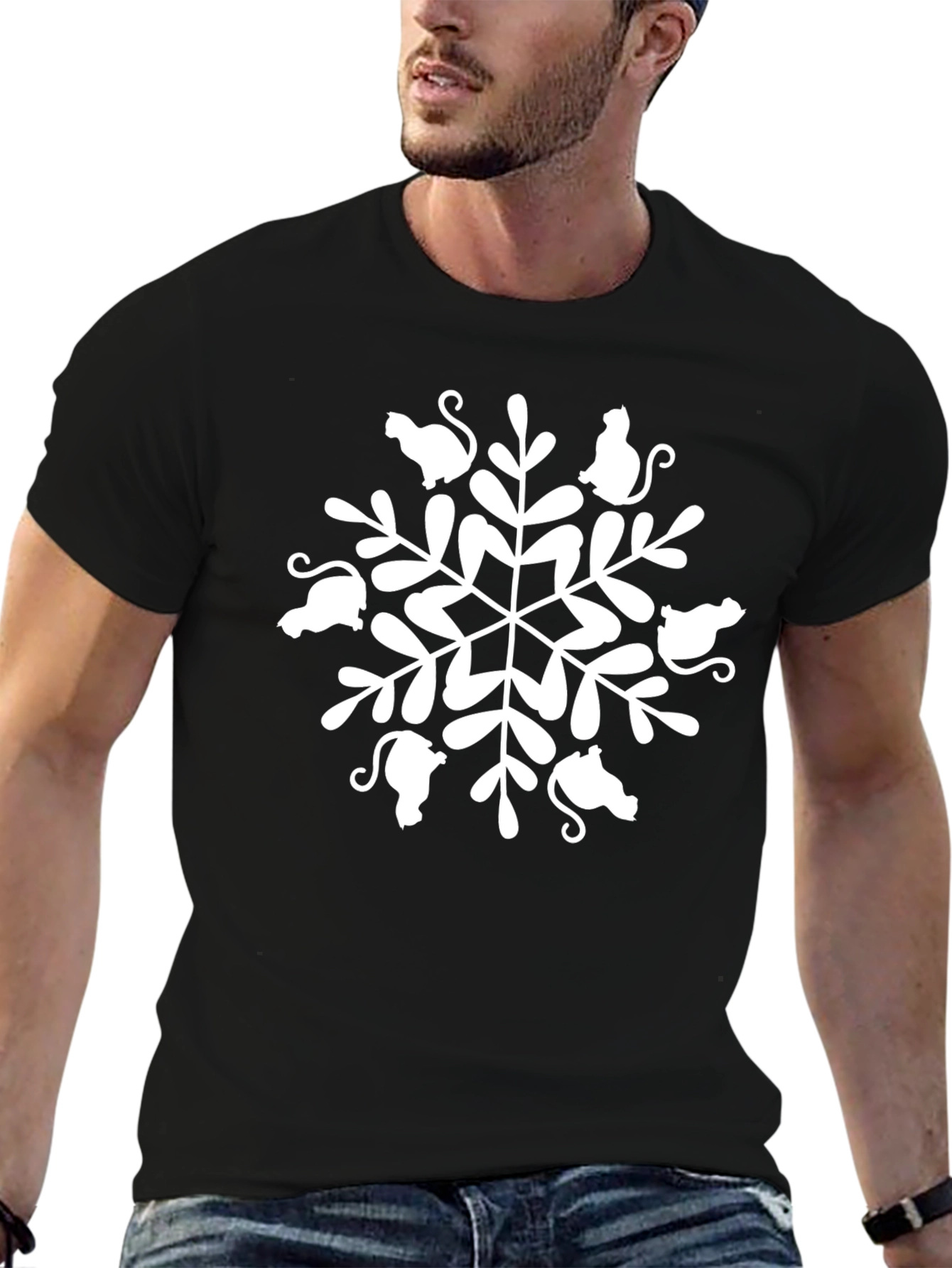 Cat Snowflake Graphic Tee - Unisex Black T-Shirt