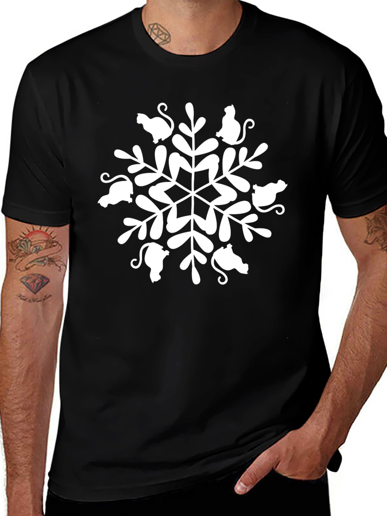 Cat Snowflake Graphic Tee - Unisex Black T-Shirt