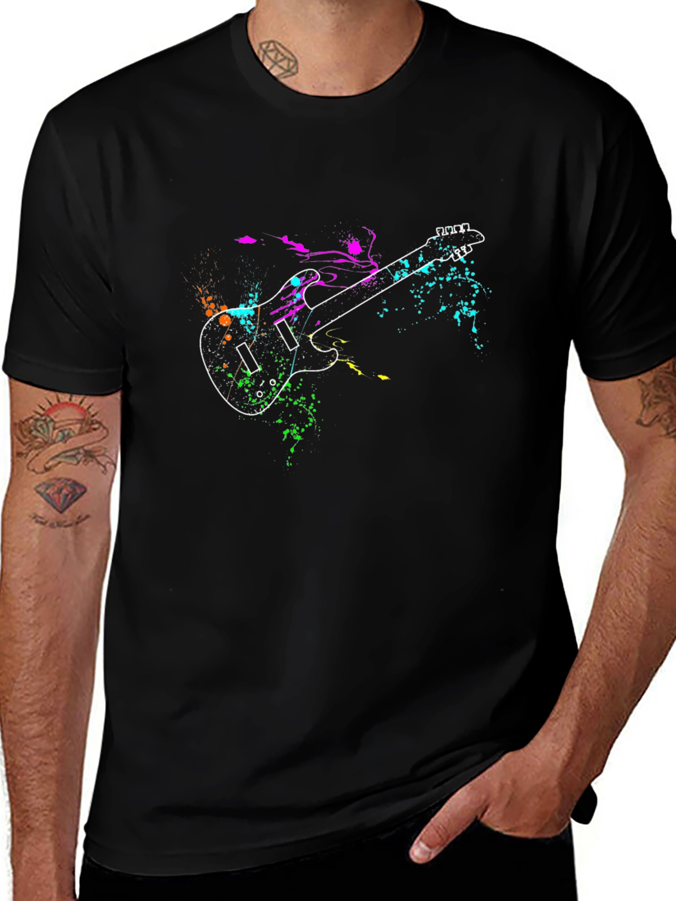 Guitar Splatter Print Black T-Shirt