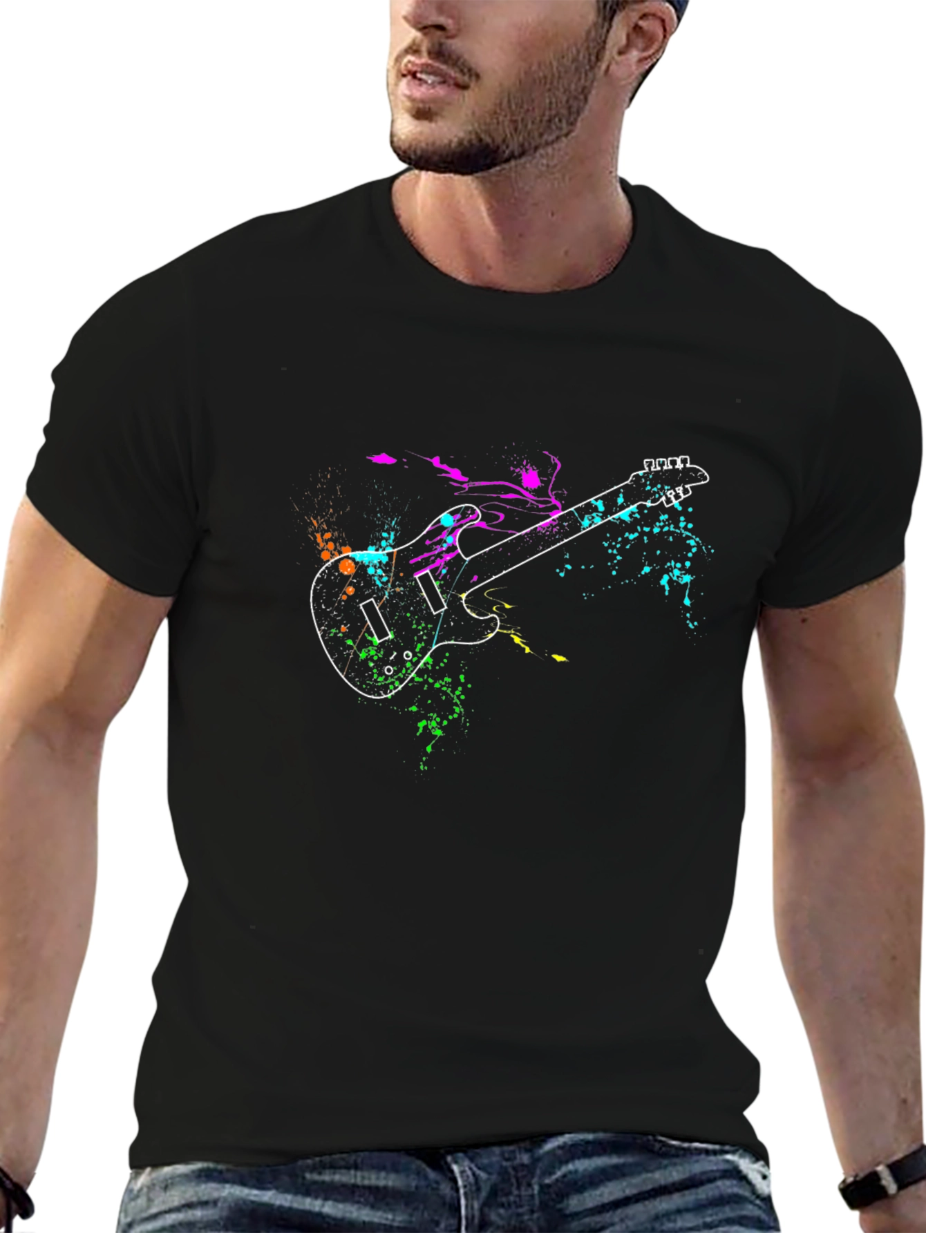 Guitar Splatter Print Black T-Shirt