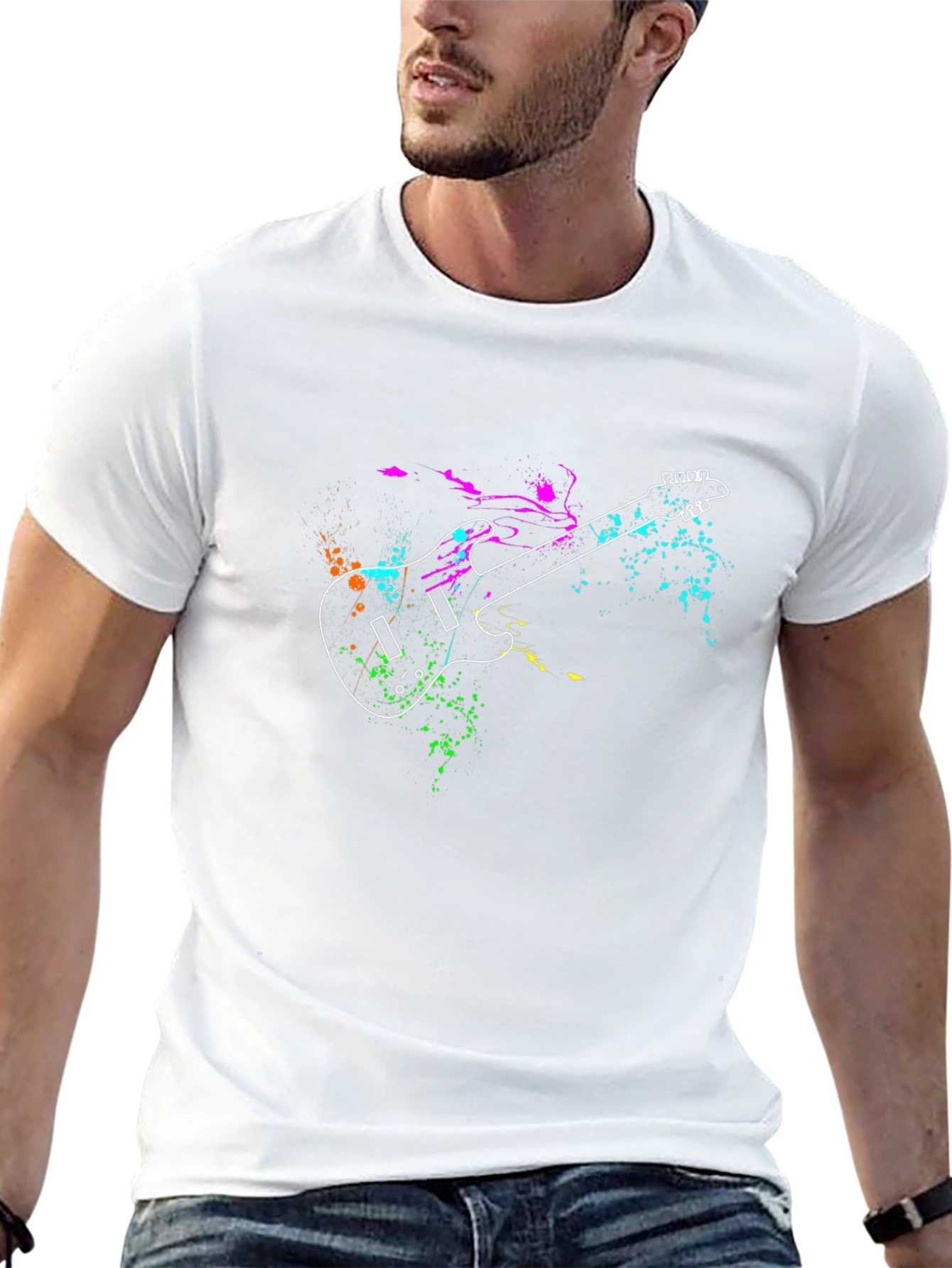 Guitar Splatter Print Black T-Shirt