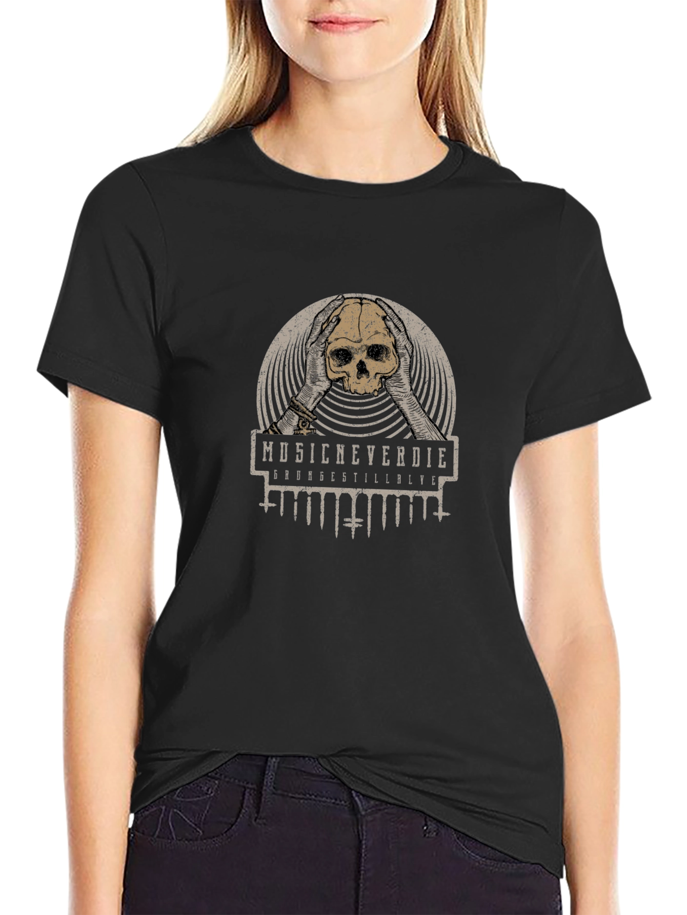 Music Never Die Skull Graphic Tee - Black