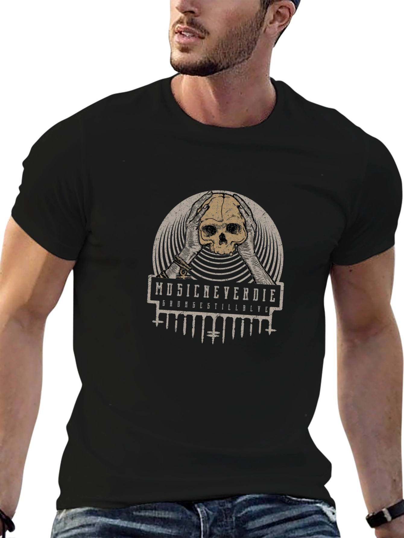 Music Never Die Skull Graphic Tee - Black
