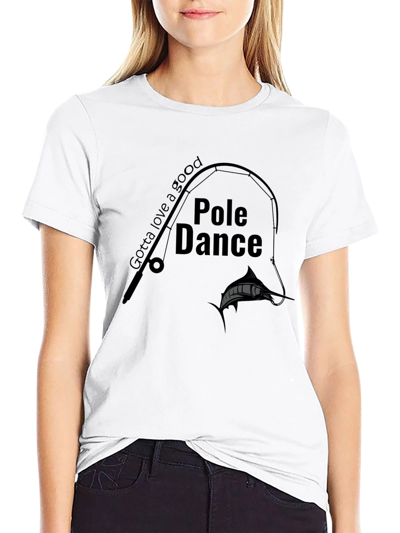 Pole Dance Fishing Graphic Tee - Black Crew Neck