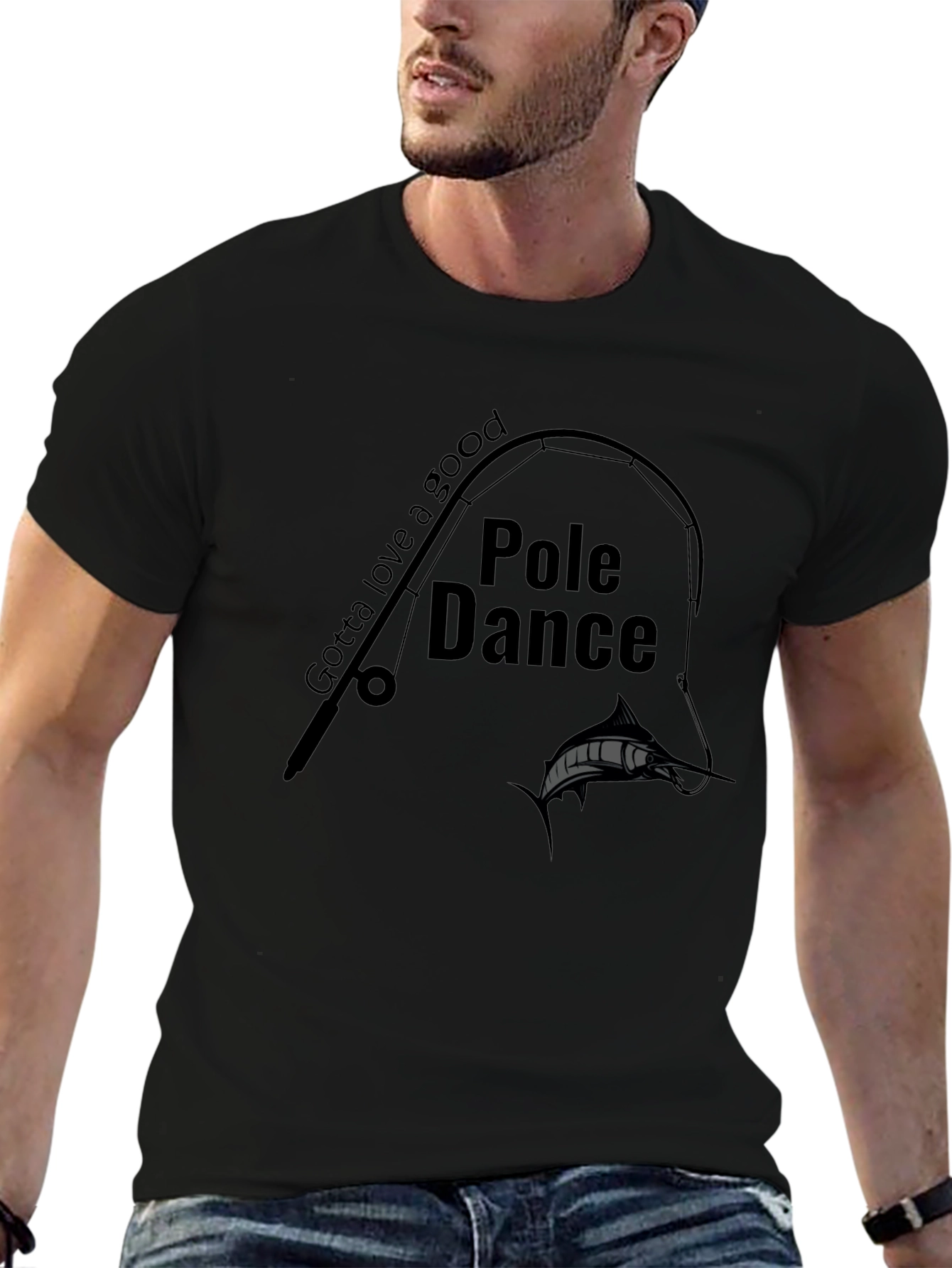 Pole Dance Fishing Graphic Tee - Black Crew Neck