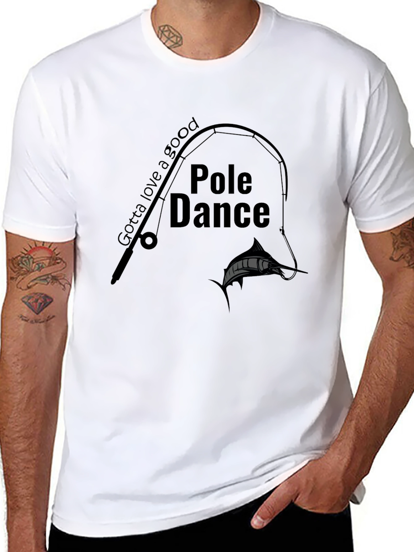 Pole Dance Fishing Graphic Tee - Black Crew Neck