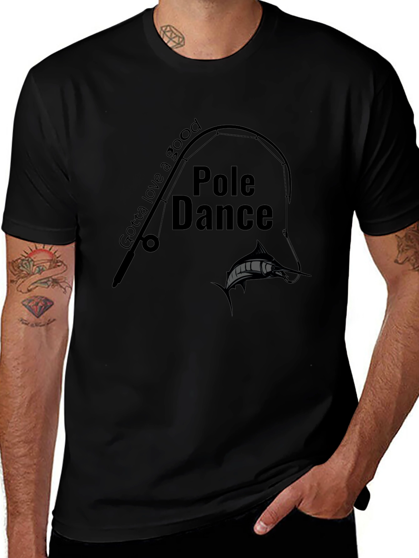Pole Dance Fishing Graphic Tee - Black Crew Neck