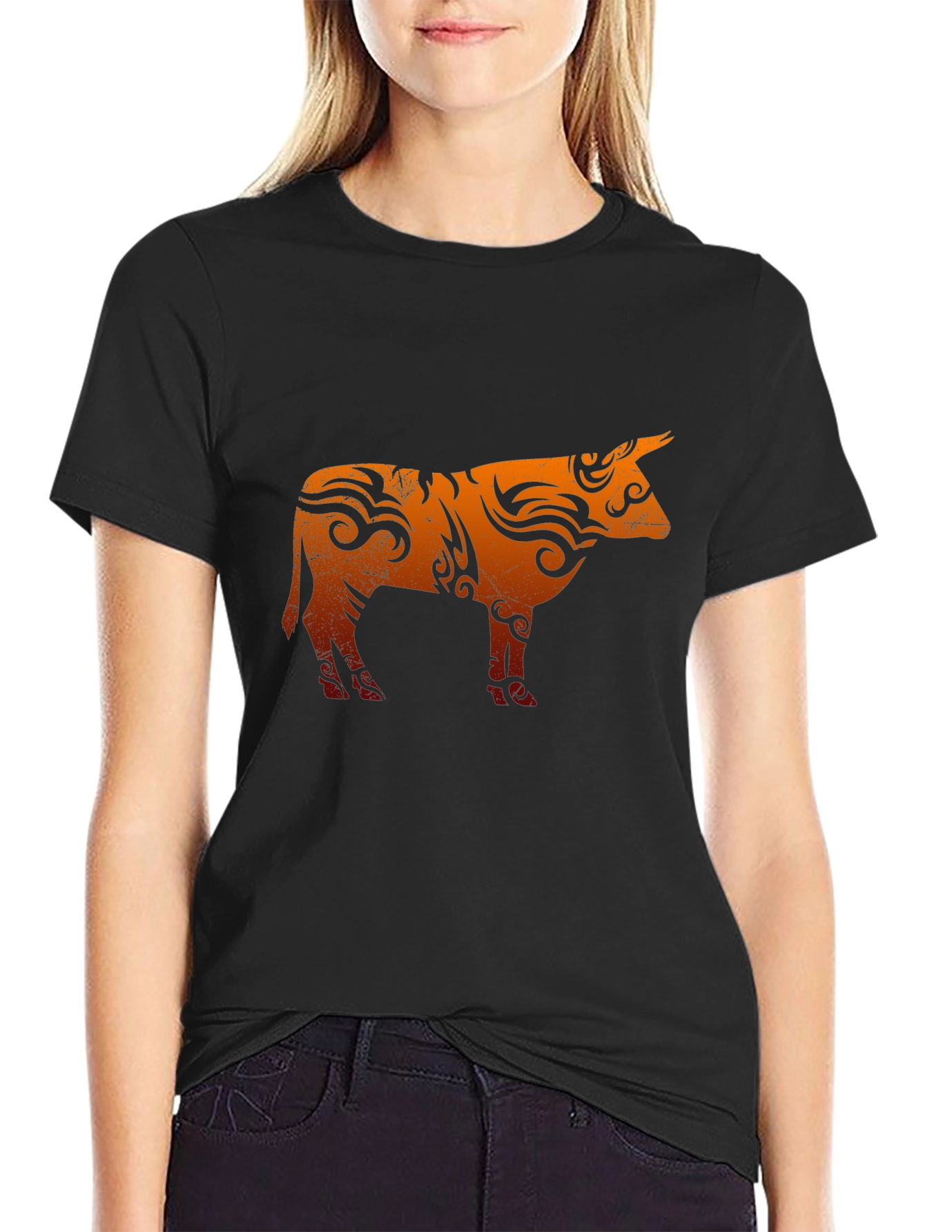 Tribal Bull Graphic T-Shirt - Black Cotton Blend Tee