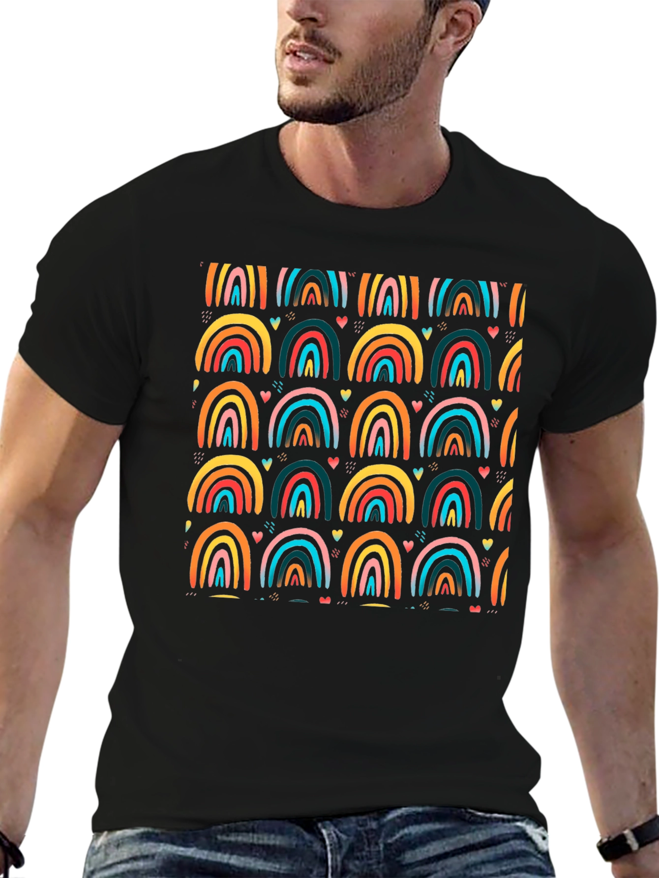 Rainbow Arch Pattern Mens Black T-Shirt