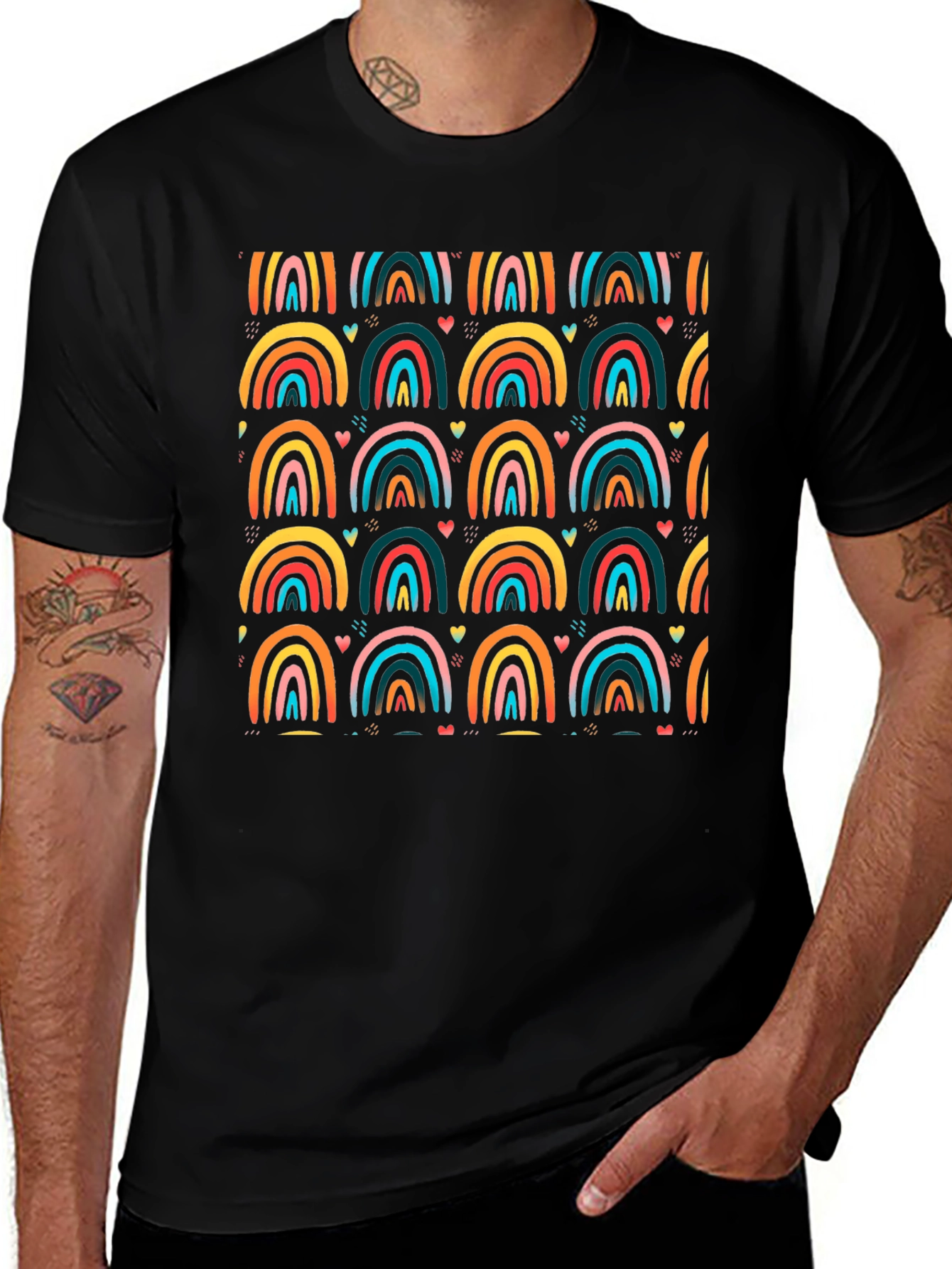 Rainbow Arch Pattern Mens Black T-Shirt