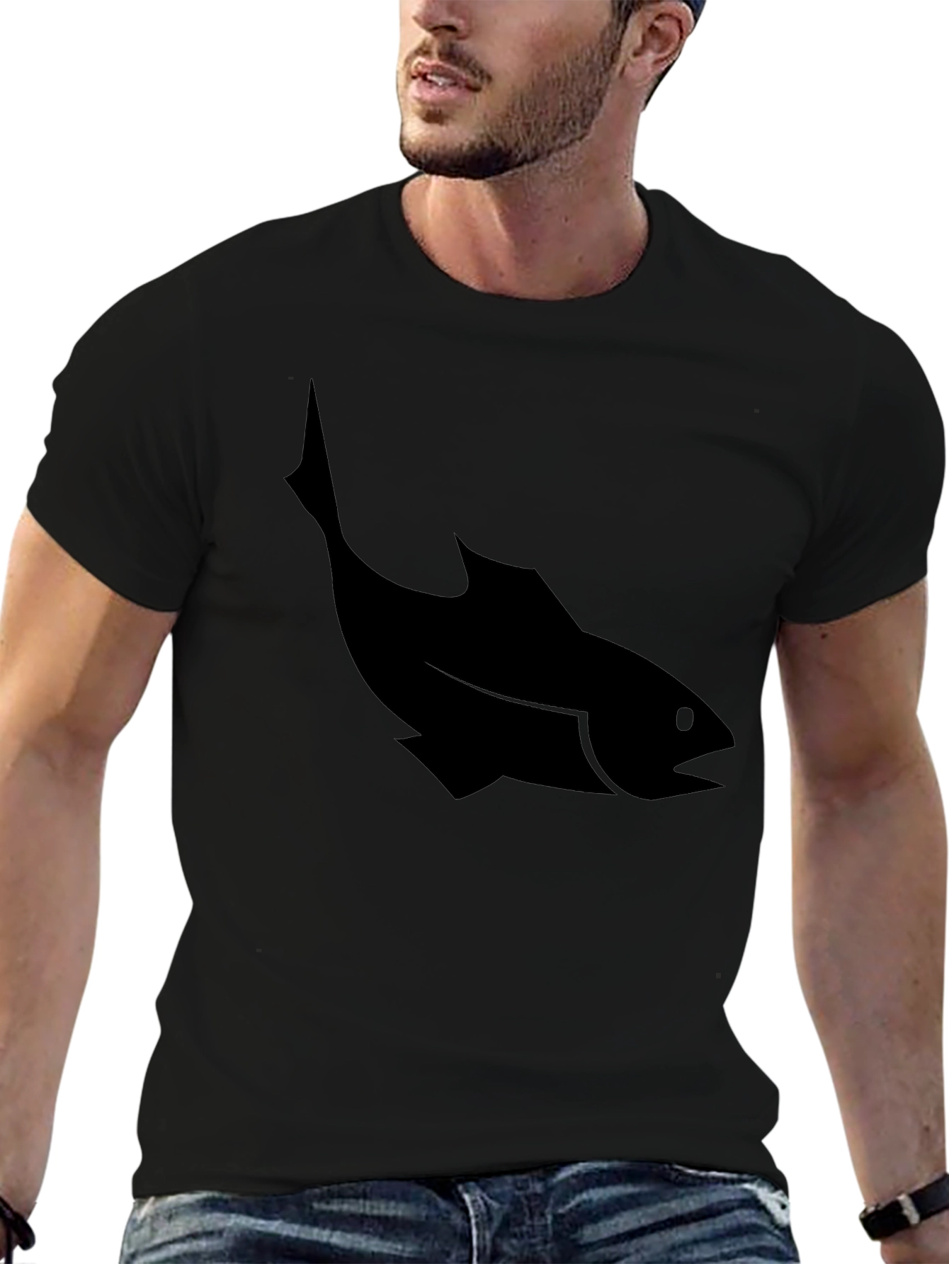 Mens Black T-Shirt with Fish Silhouette Graphic