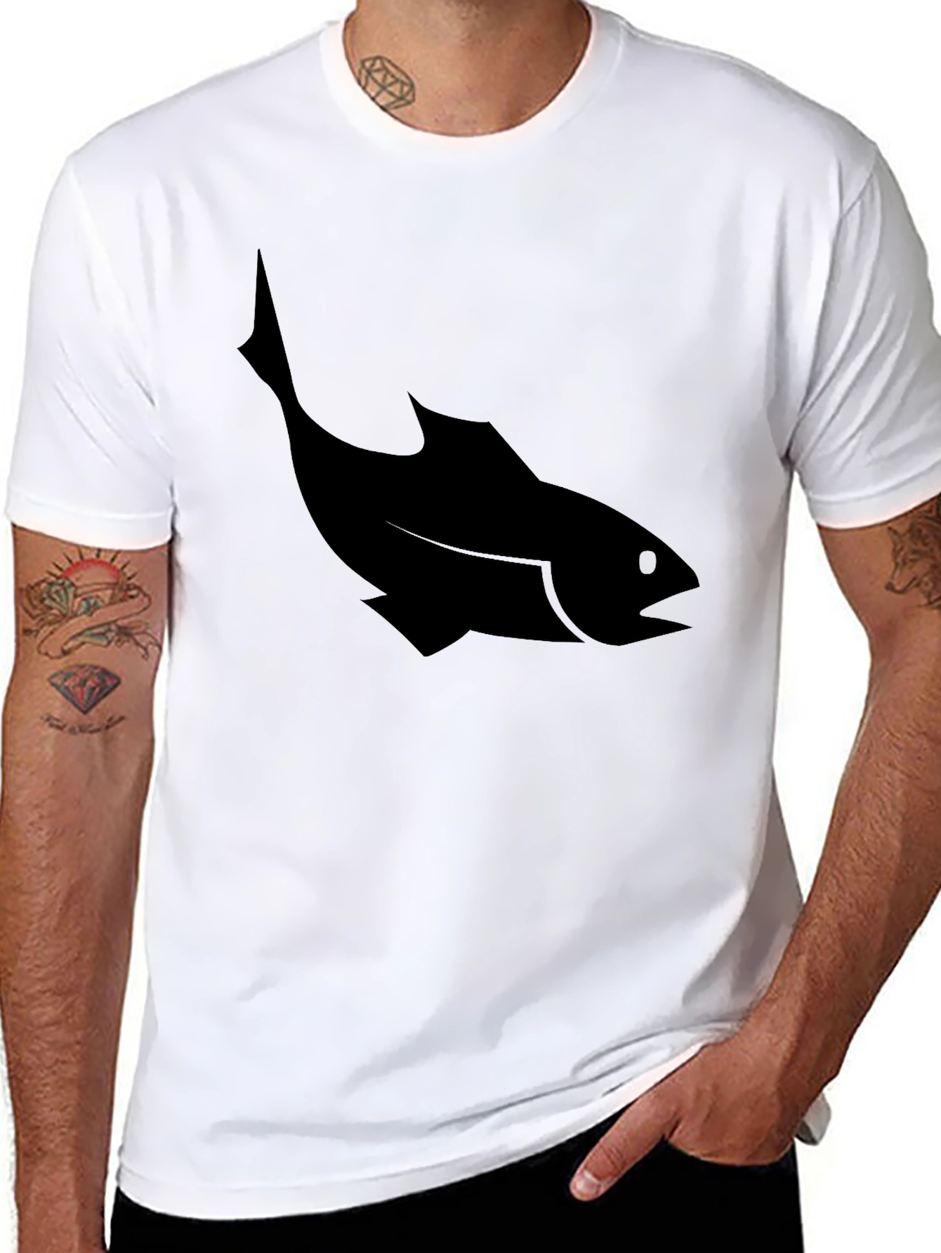 Mens Black T-Shirt with Fish Silhouette Graphic
