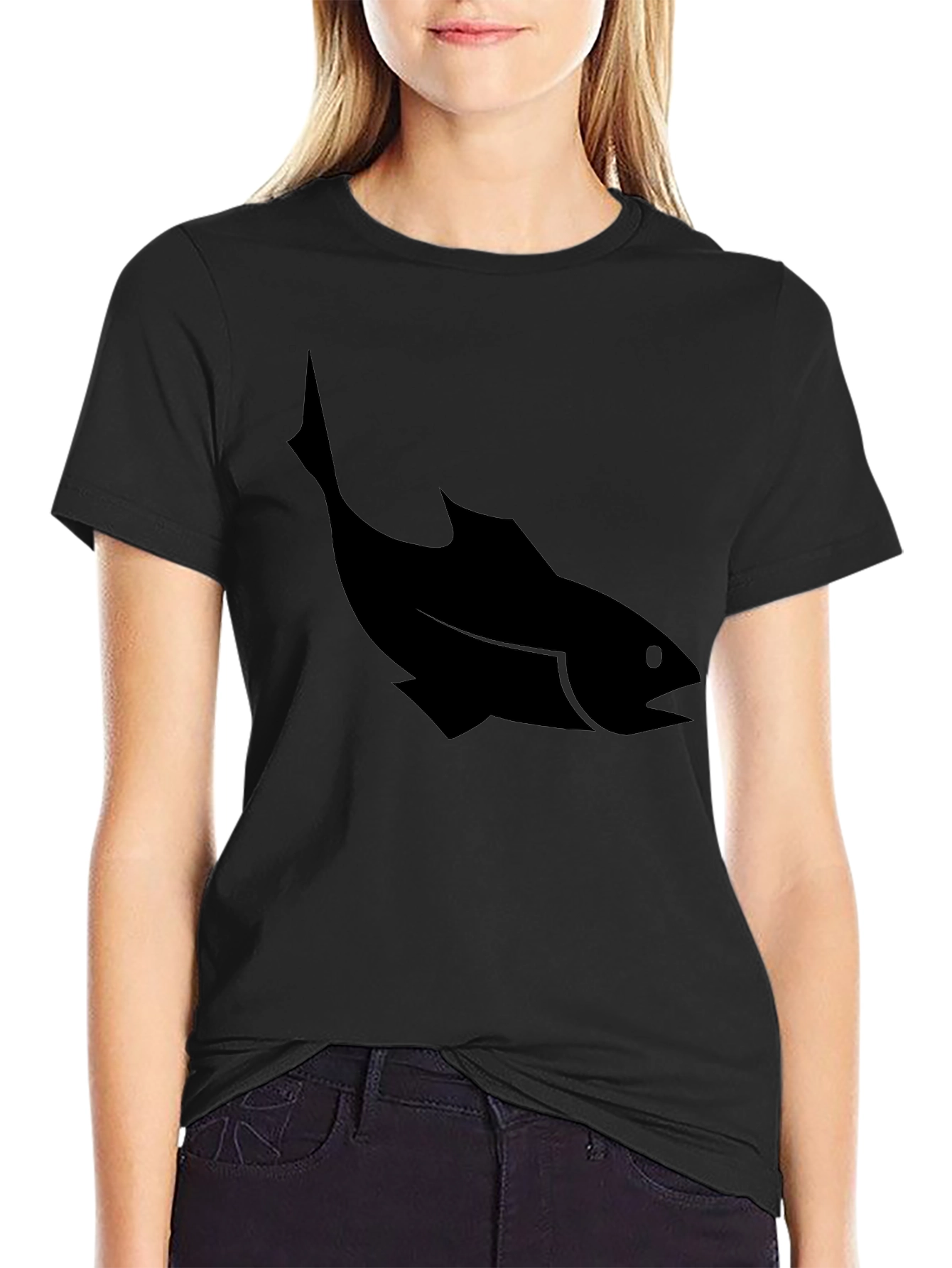 Mens Black T-Shirt with Fish Silhouette Graphic