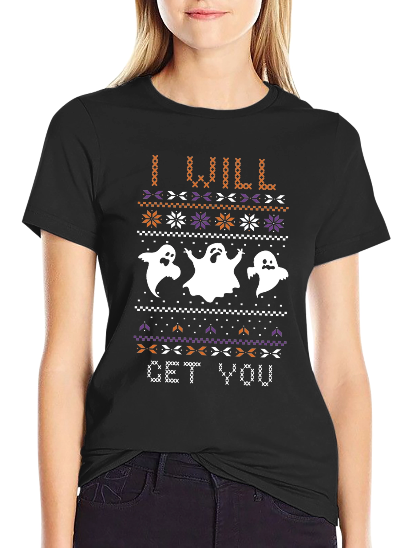 Halloween Ghost Sweater Pattern Black T-Shirt