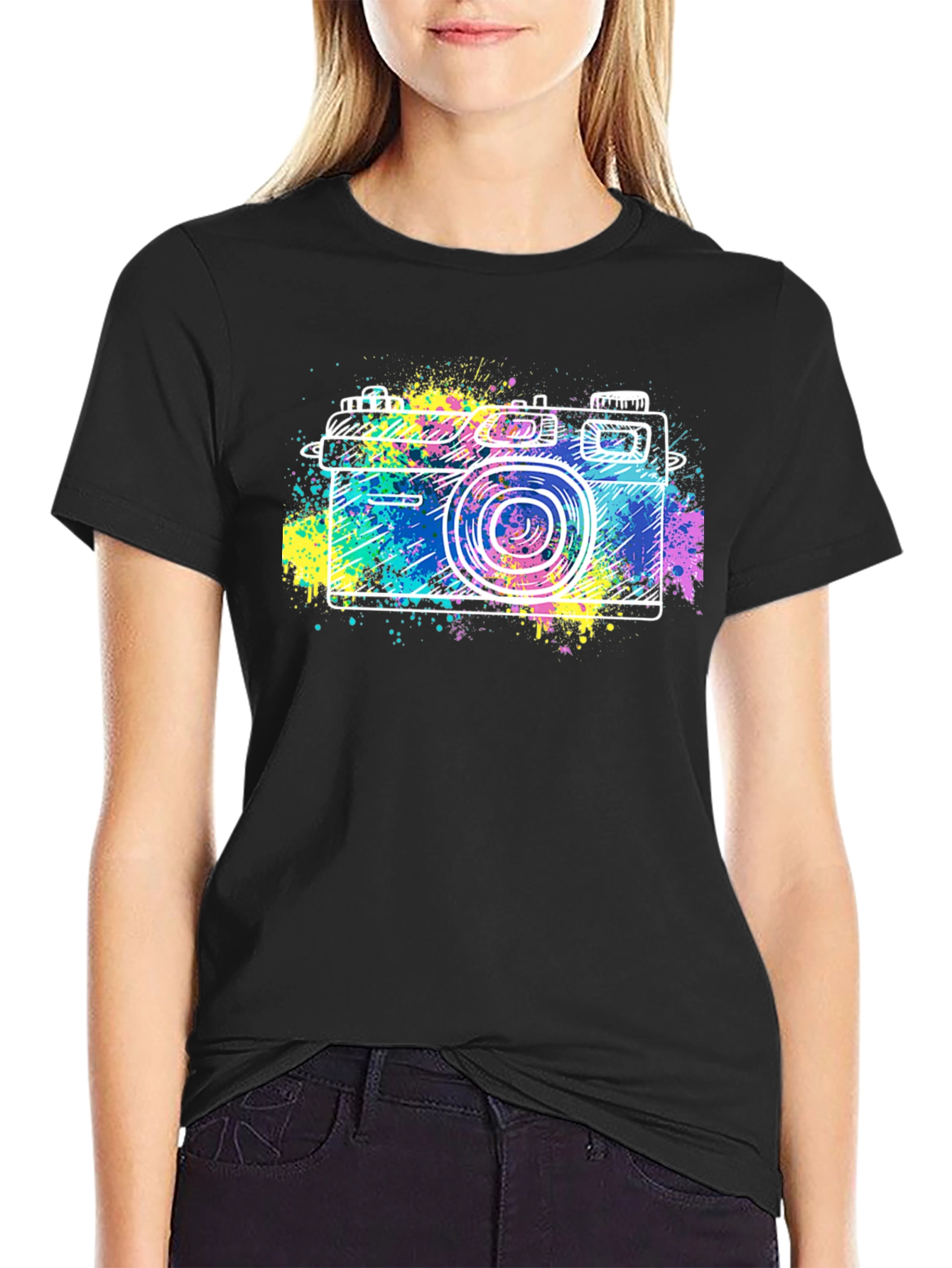 Retro Camera Splash Graphic Tee - Stylish Black T-Shirt
