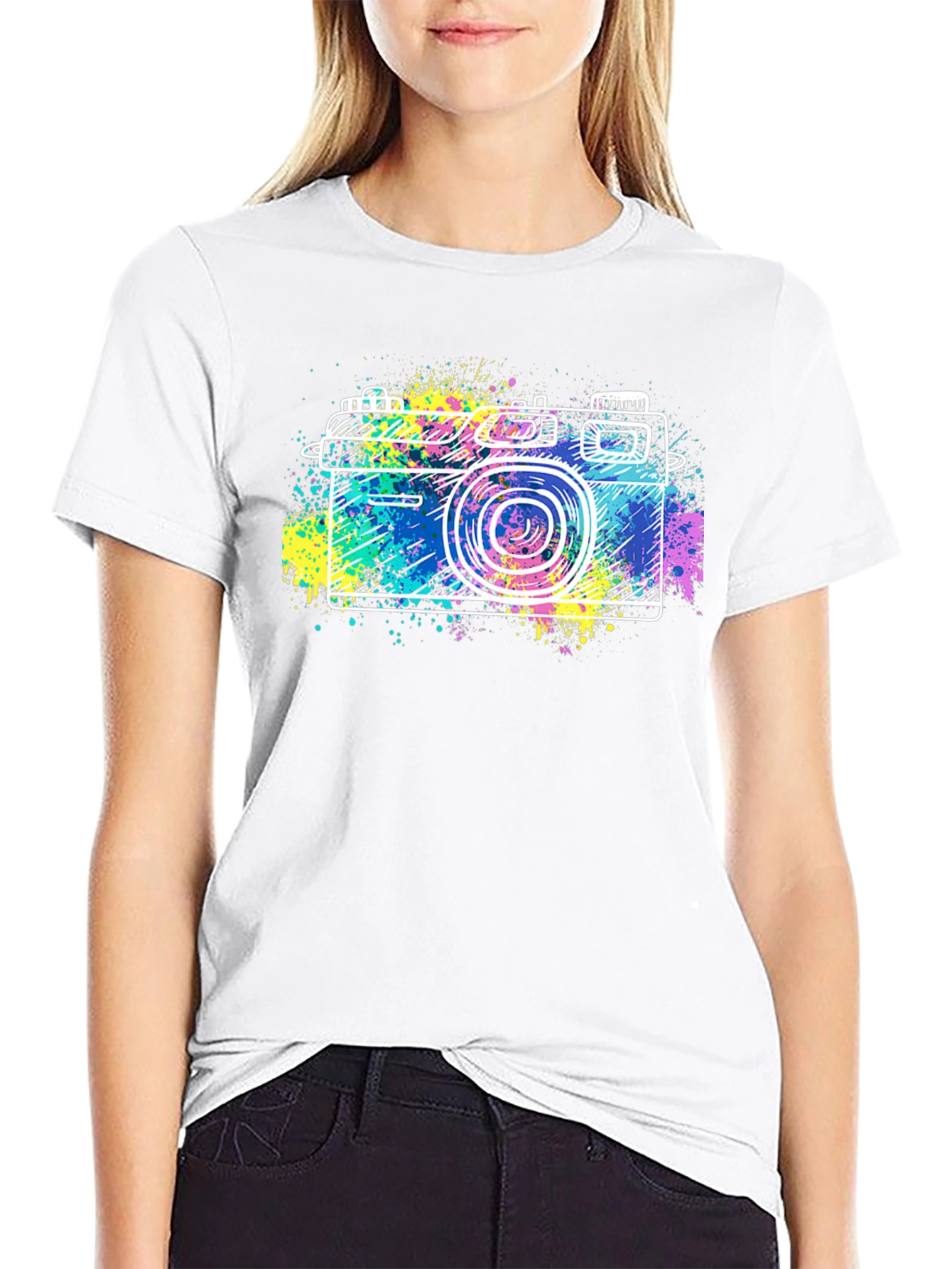 Retro Camera Splash Graphic Tee - Stylish Black T-Shirt
