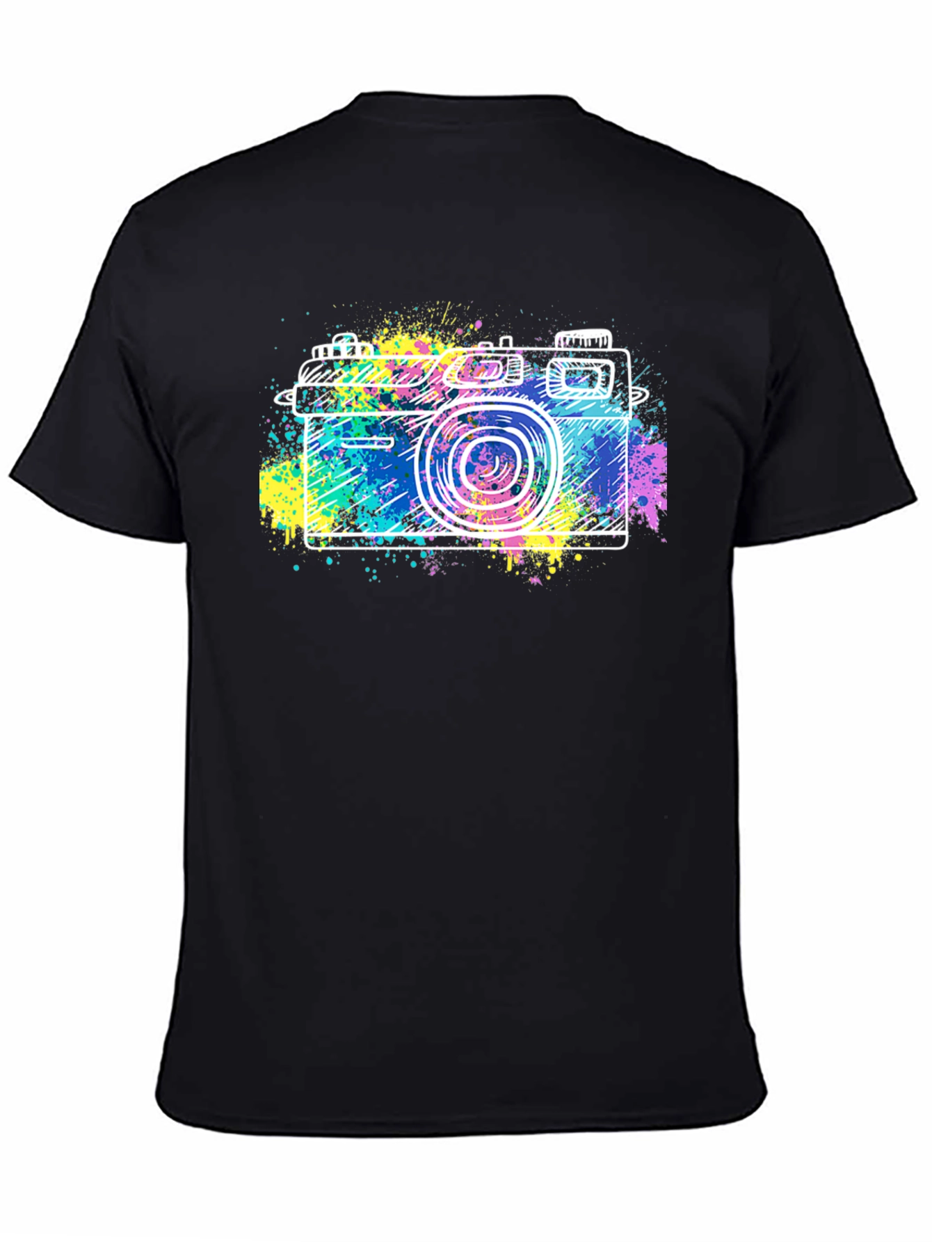 Retro Camera Splash Graphic Tee - Stylish Black T-Shirt