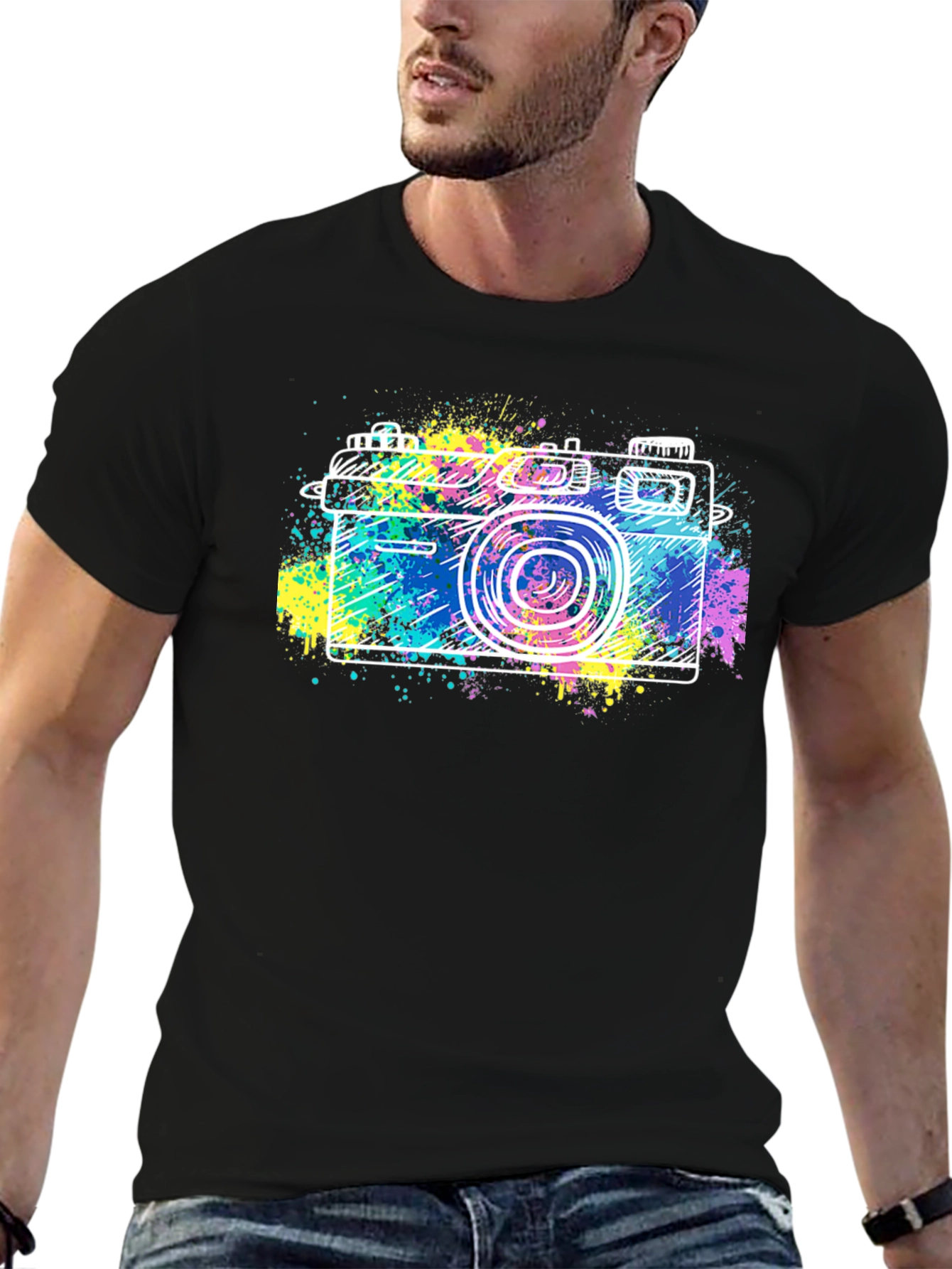Retro Camera Splash Graphic Tee - Stylish Black T-Shirt