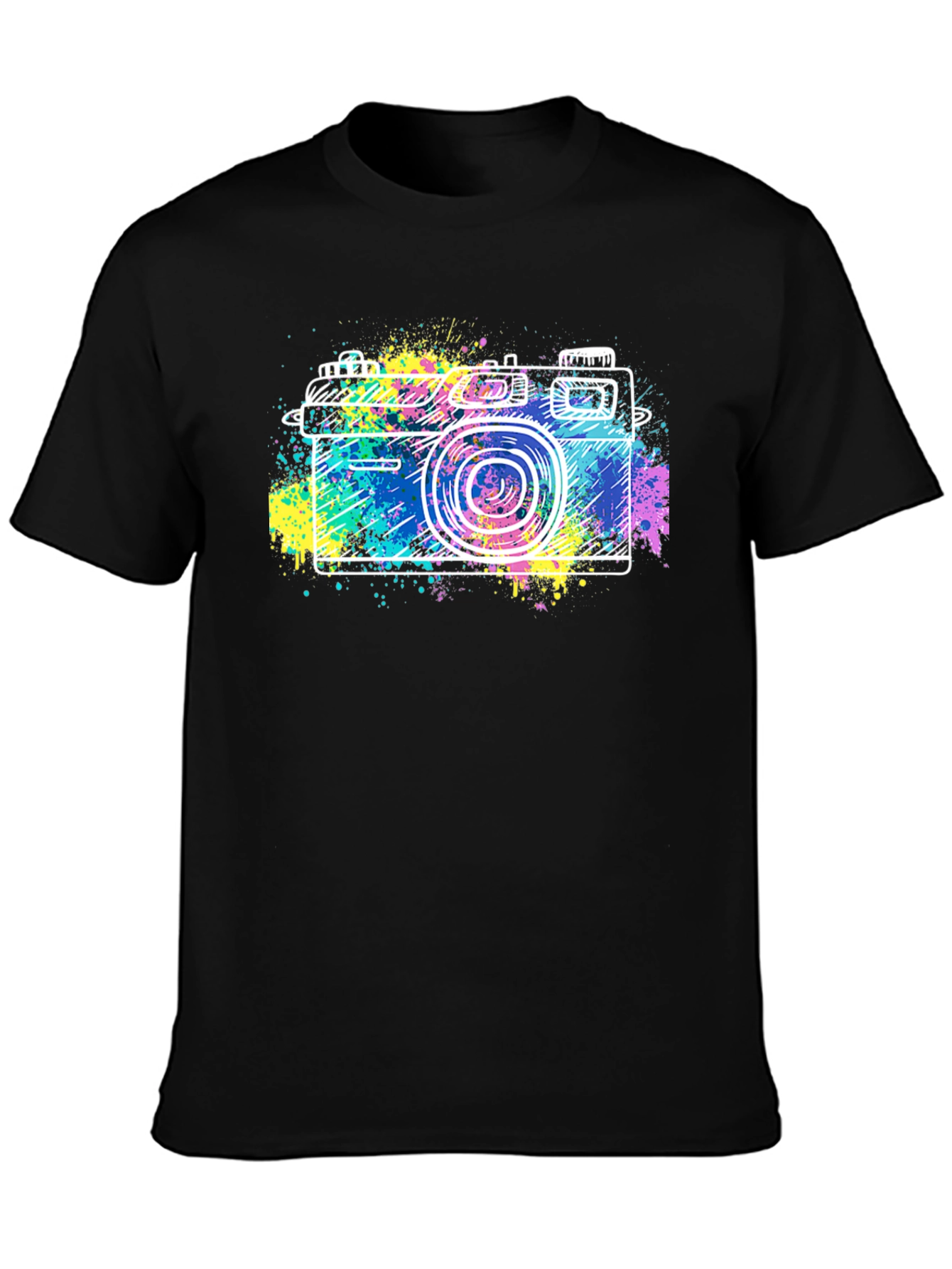 Retro Camera Splash Graphic Tee - Stylish Black T-Shirt