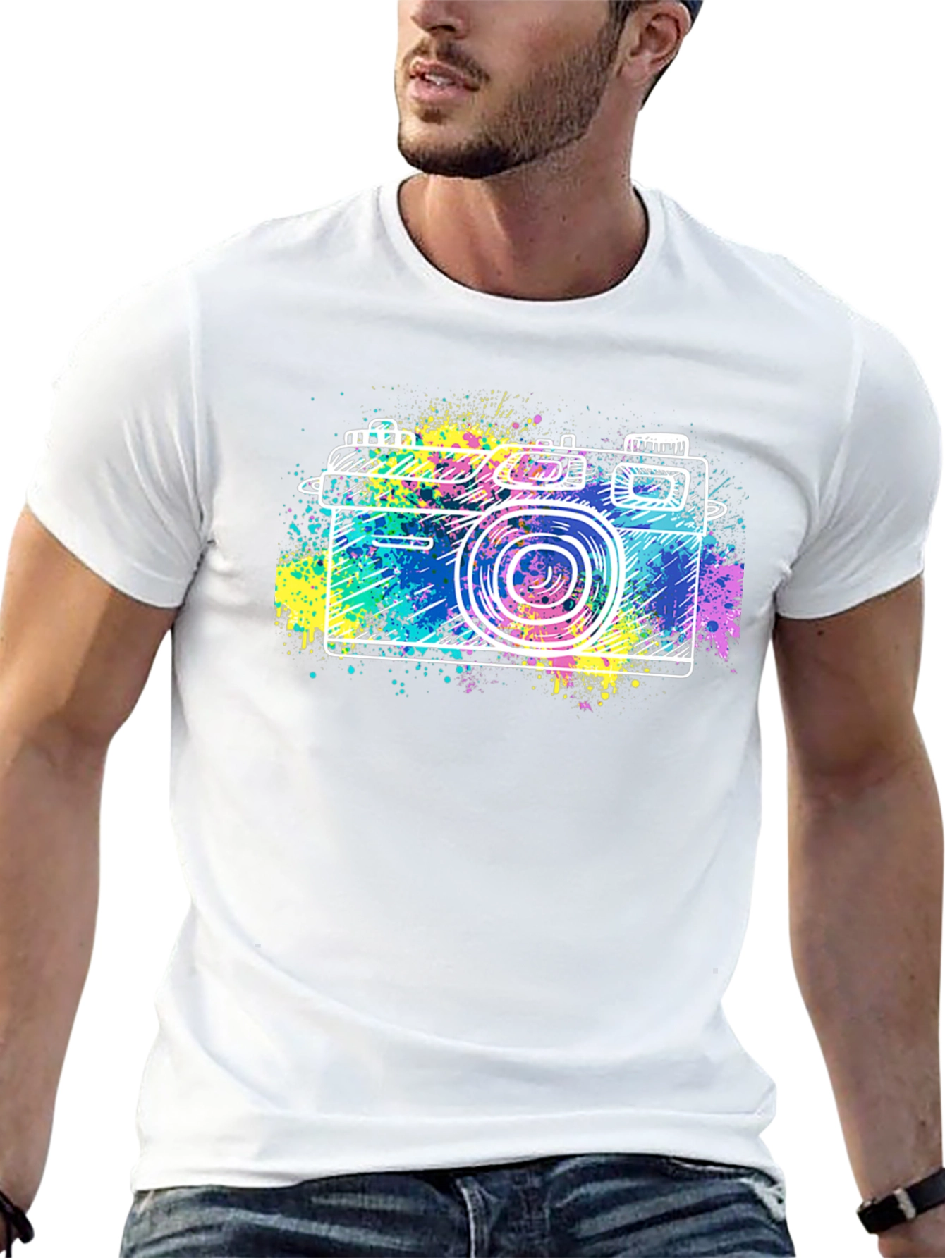 Retro Camera Splash Graphic Tee - Stylish Black T-Shirt
