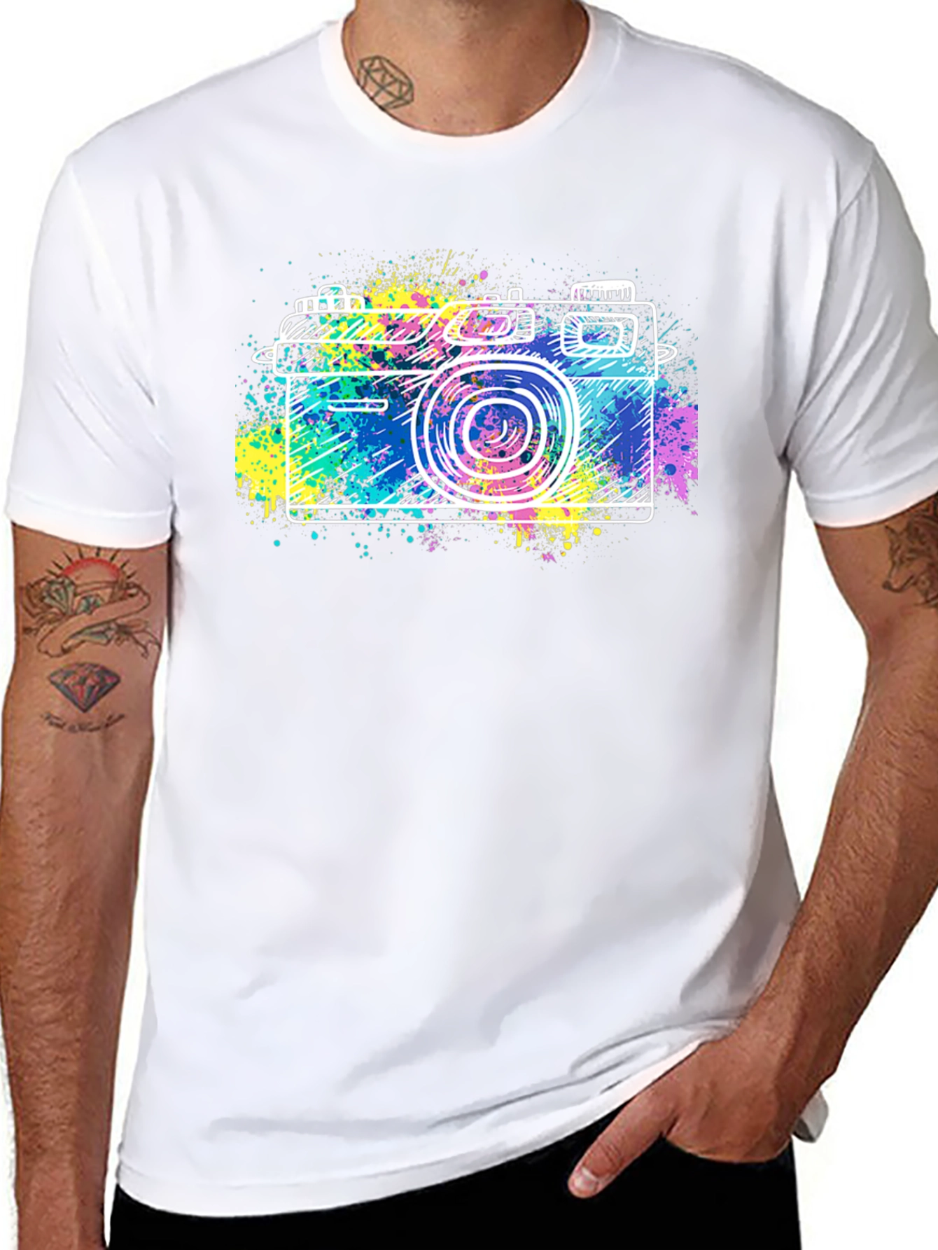 Retro Camera Splash Graphic Tee - Stylish Black T-Shirt