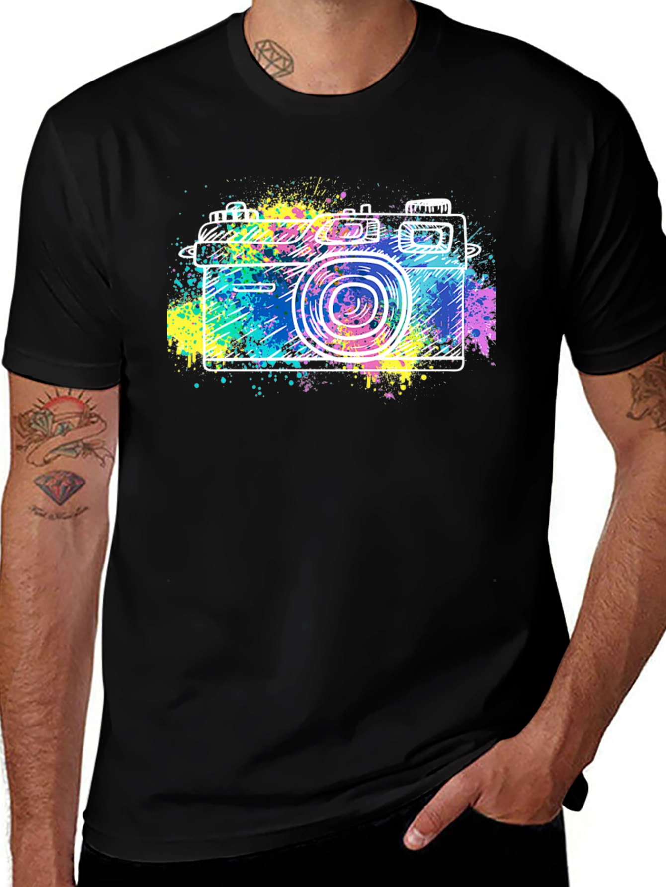 Retro Camera Splash Graphic Tee - Stylish Black T-Shirt