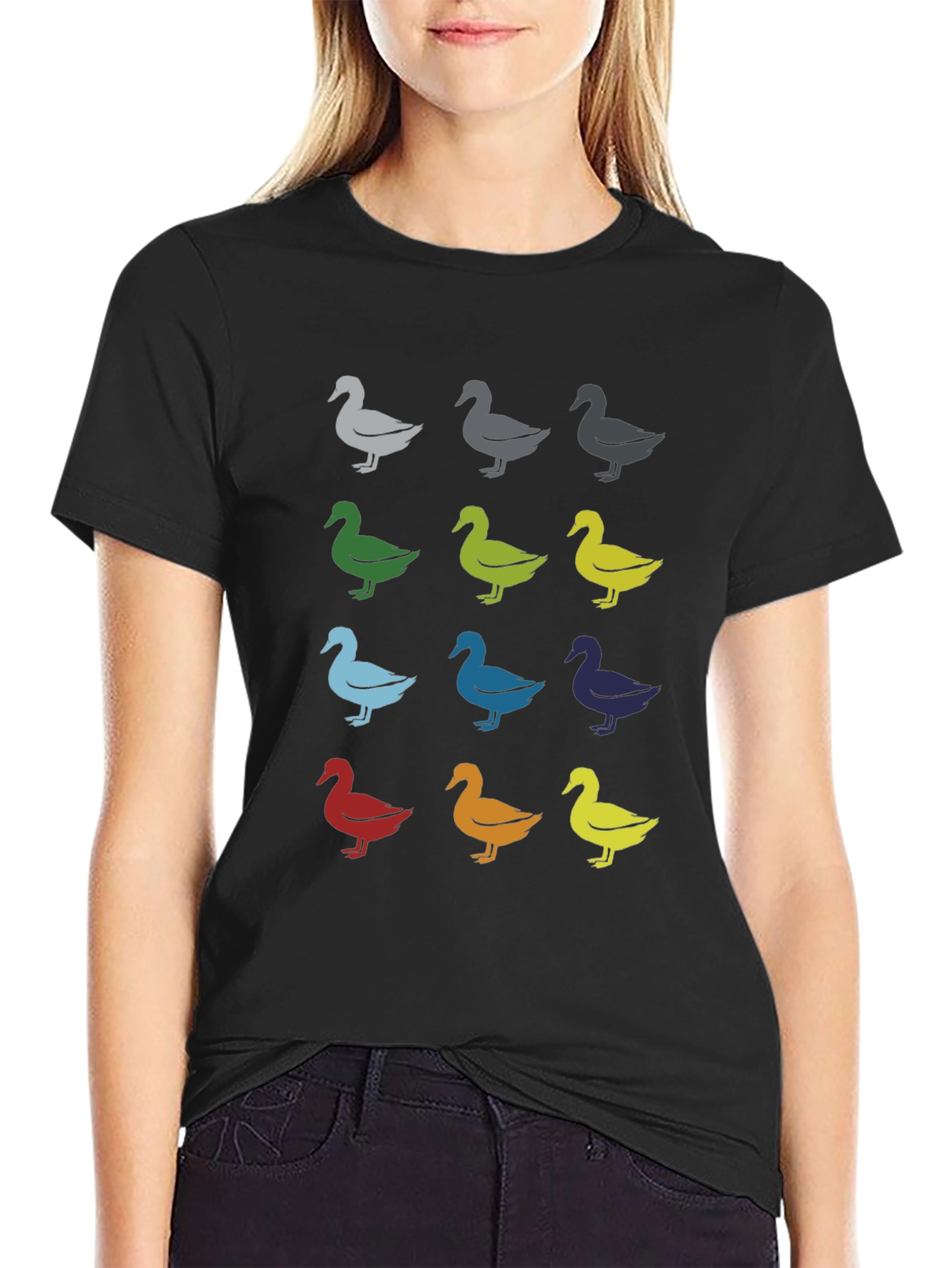 Quirky Duck Pattern Graphic Tee - Black Unisex T-Shirt