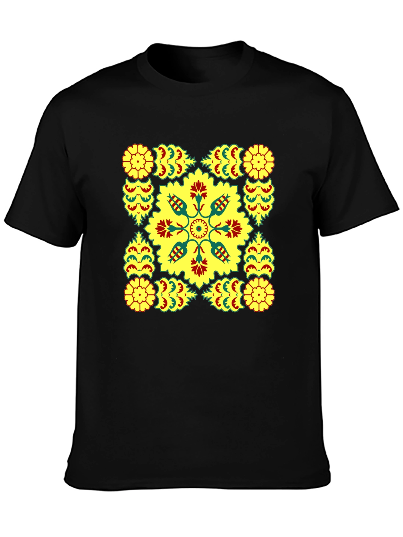 Geometric Floral Print Black T-Shirt