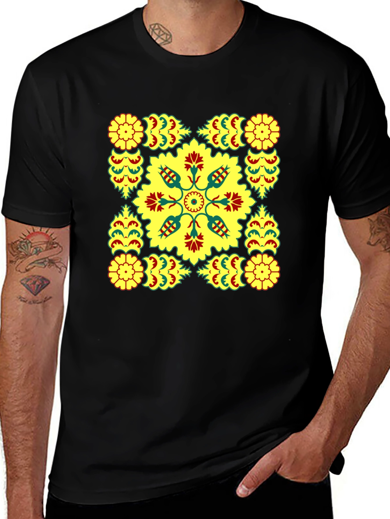Geometric Floral Print Black T-Shirt