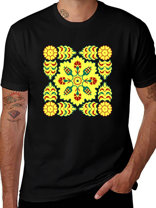 Geometric Floral Print Black T-Shirt