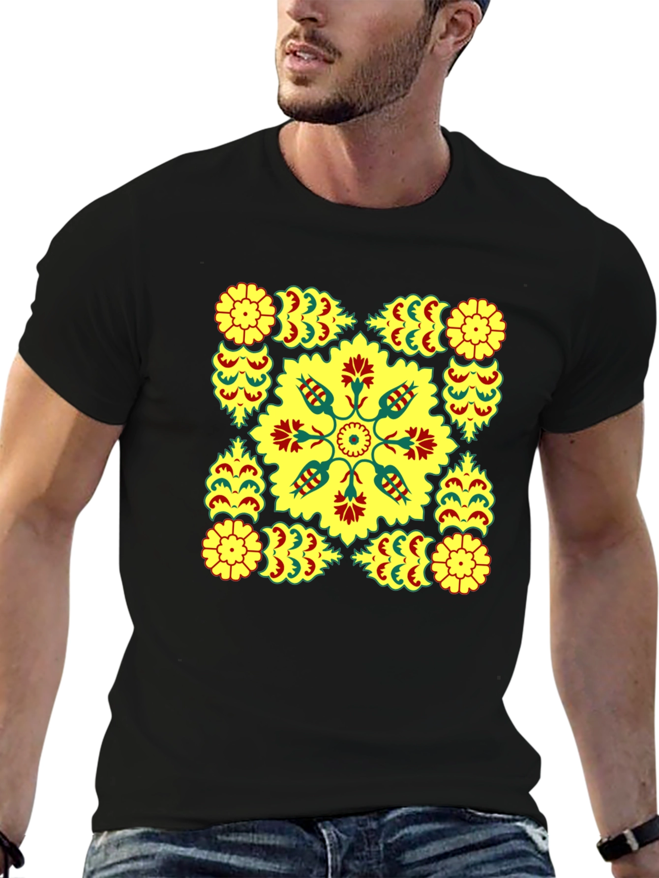 Geometric Floral Print Black T-Shirt