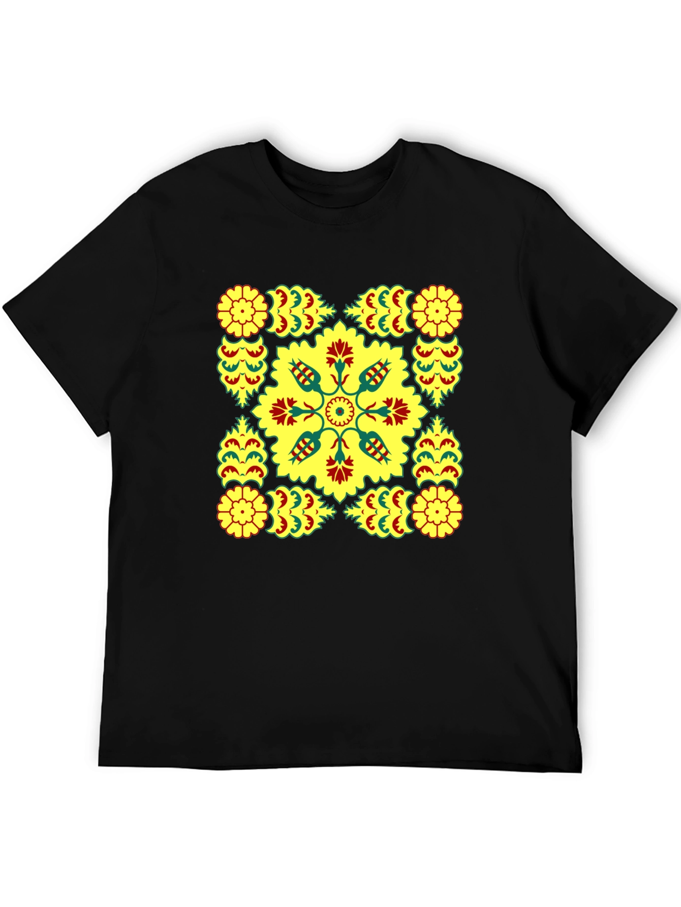 Geometric Floral Print Black T-Shirt