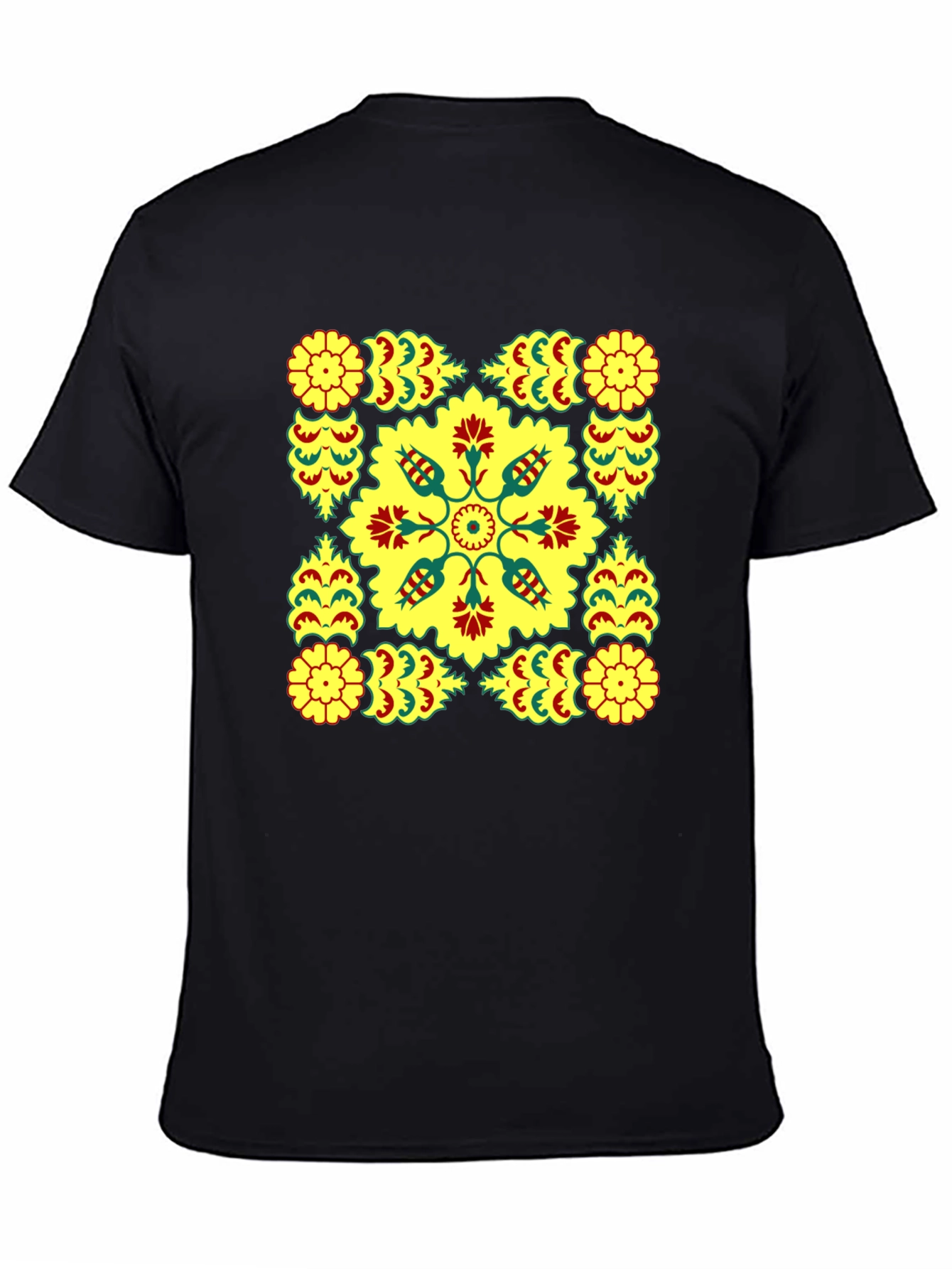 Geometric Floral Print Black T-Shirt