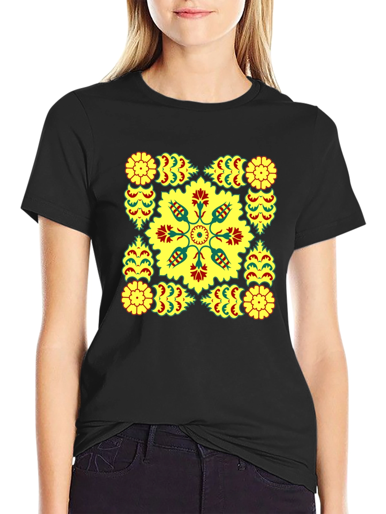 Geometric Floral Print Black T-Shirt