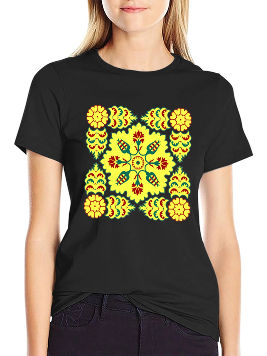 Geometric Floral Print Black T-Shirt