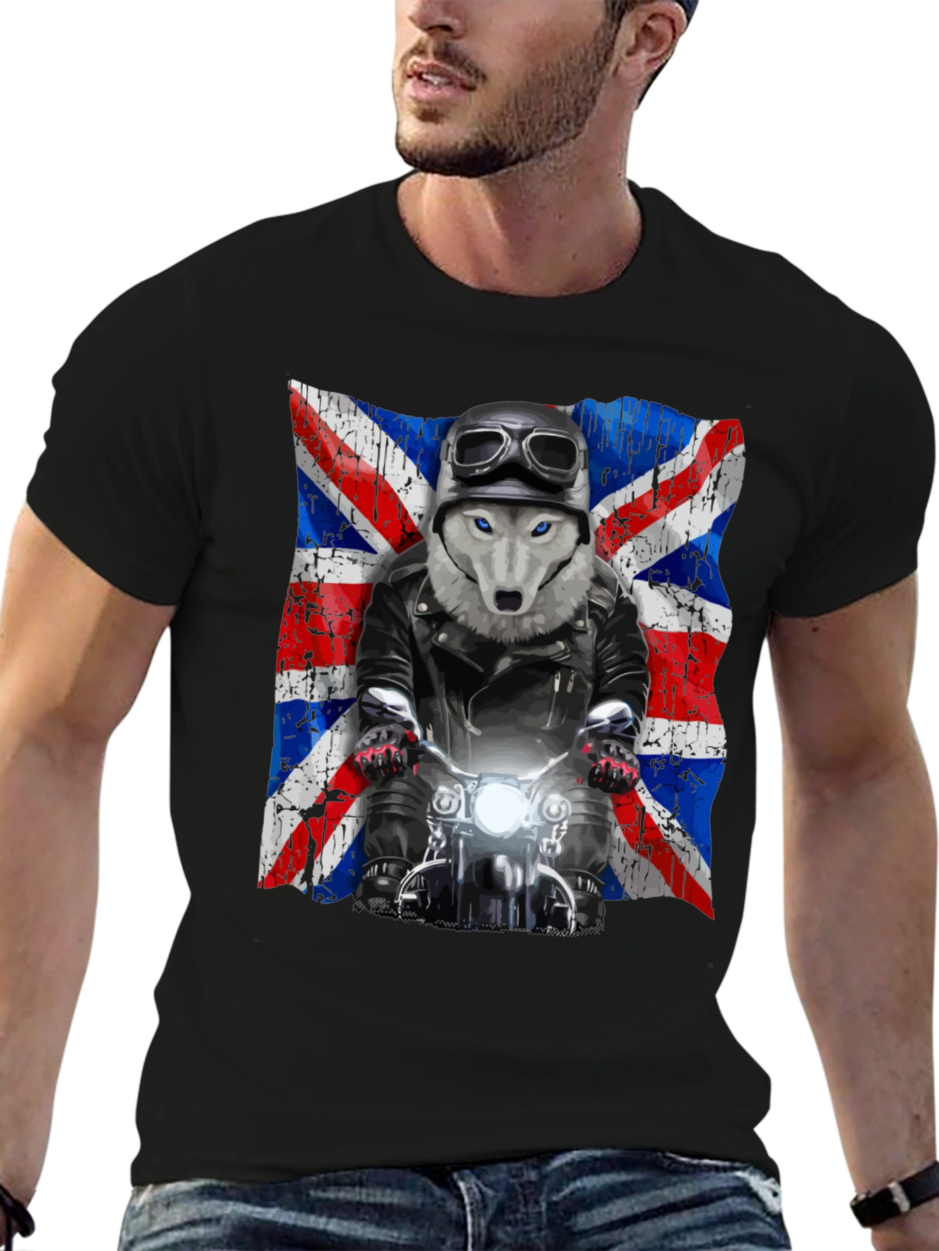 Wolf Biker Union Jack Graphic T-Shirt