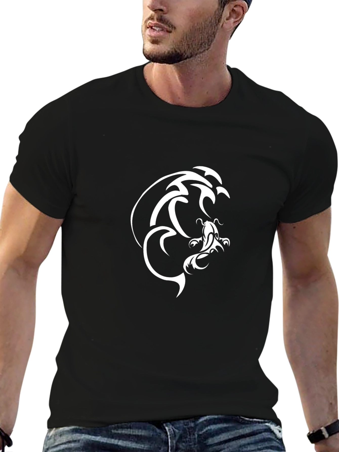 Mens Black T-Shirt with Koi Fish Graphic