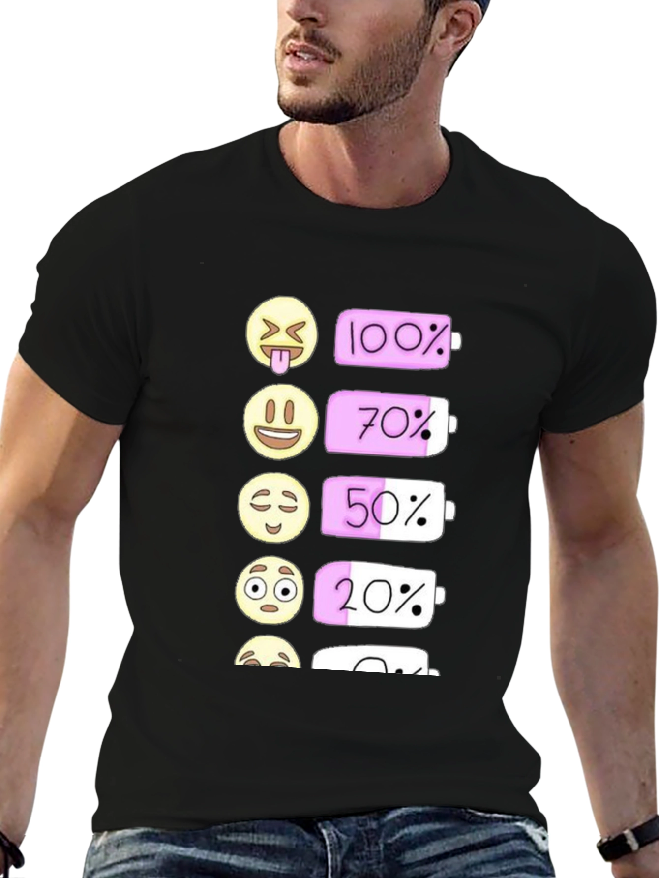 Emoji Battery Level Graphic Tee - Black Cotton T-Shirt