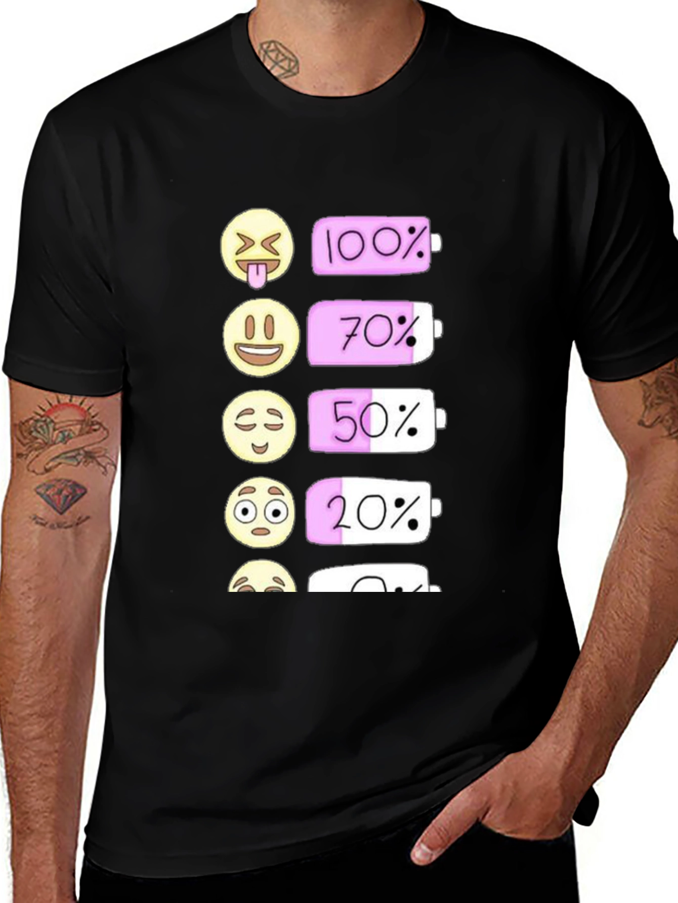 Emoji Battery Level Graphic Tee - Black Cotton T-Shirt