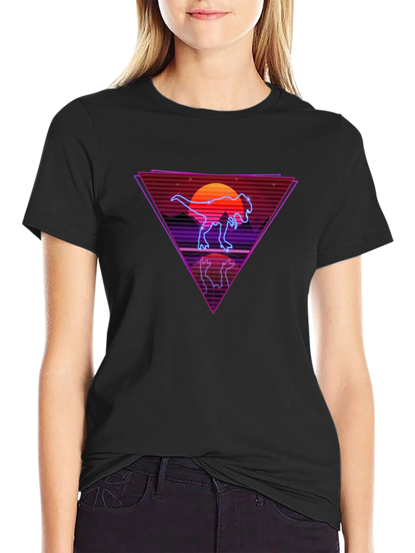 Retro Dinosaur T-Shirt - Synthwave Sunset Tee
