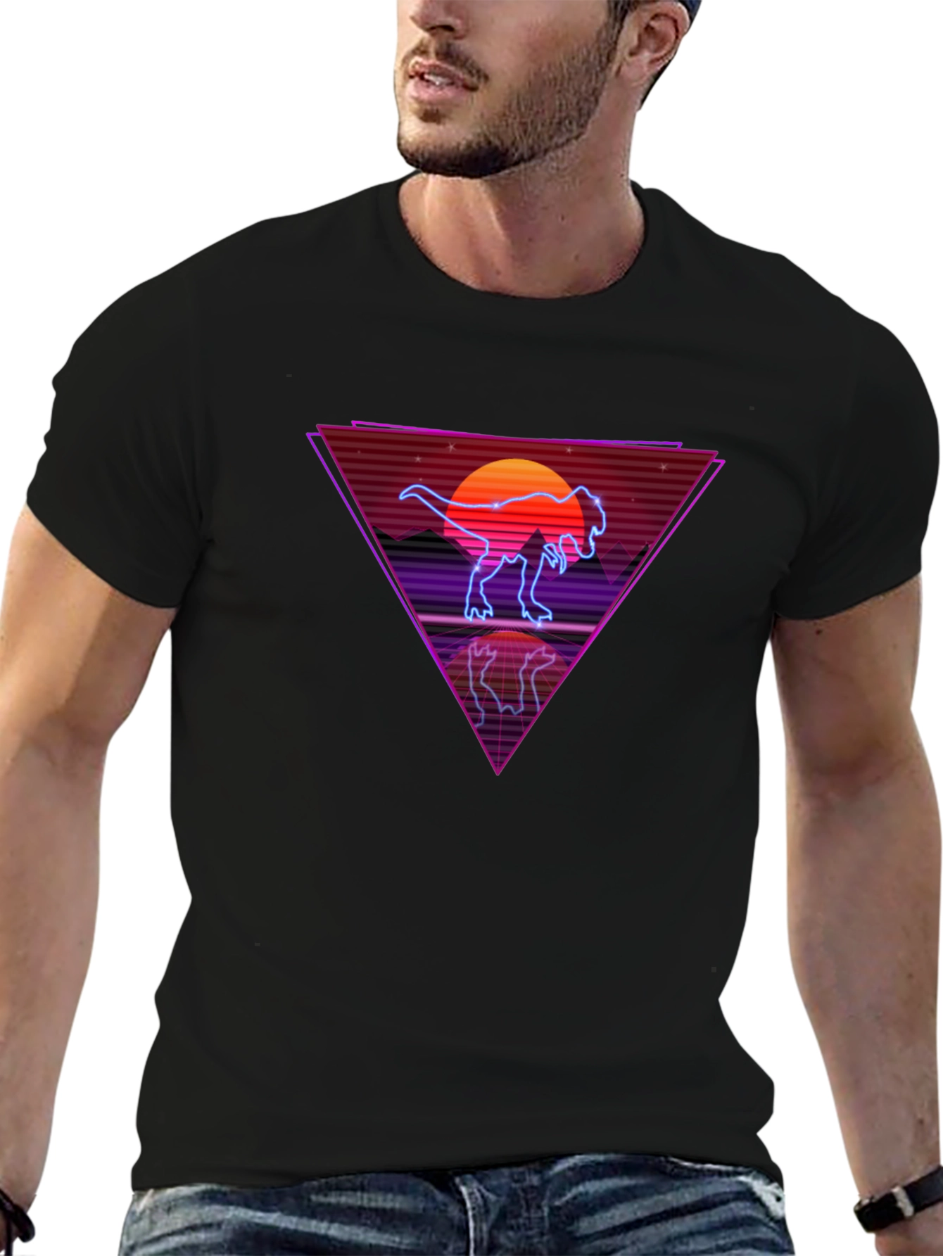 Retro Dinosaur T-Shirt - Synthwave Sunset Tee